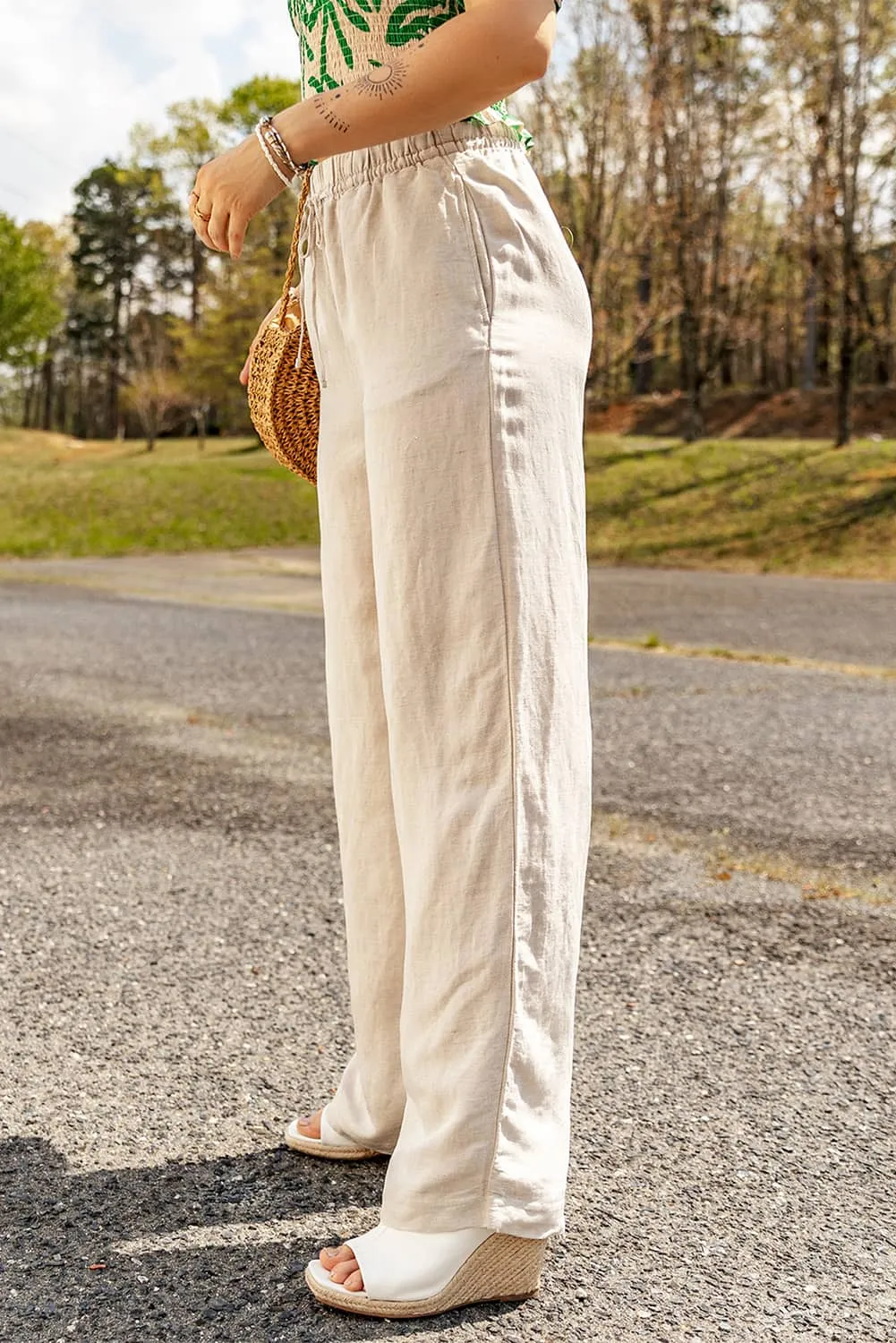 Apricot Linen Culottes with Elastic Waist and Drawstring