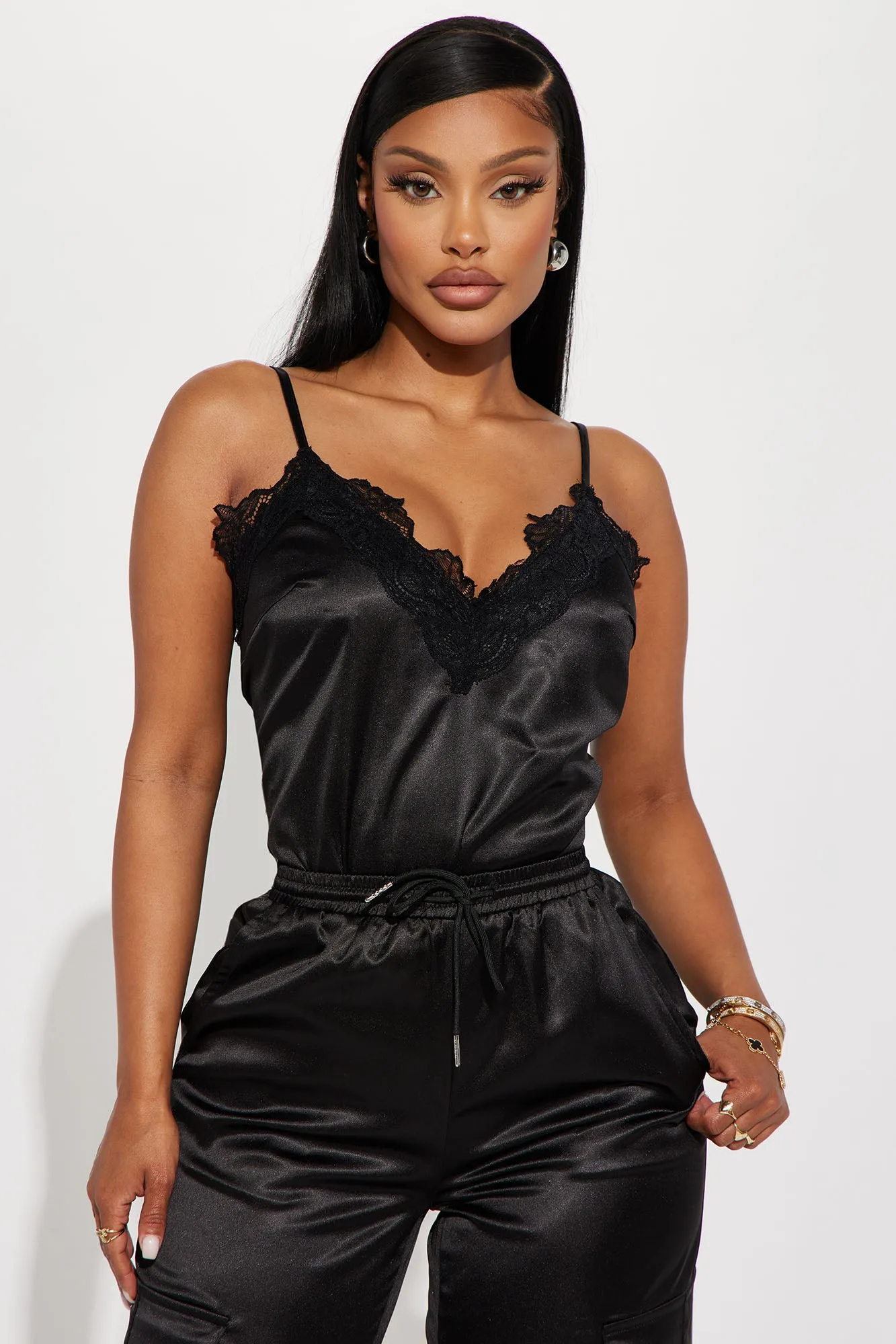 Back To You Satin Jogger Set - Black