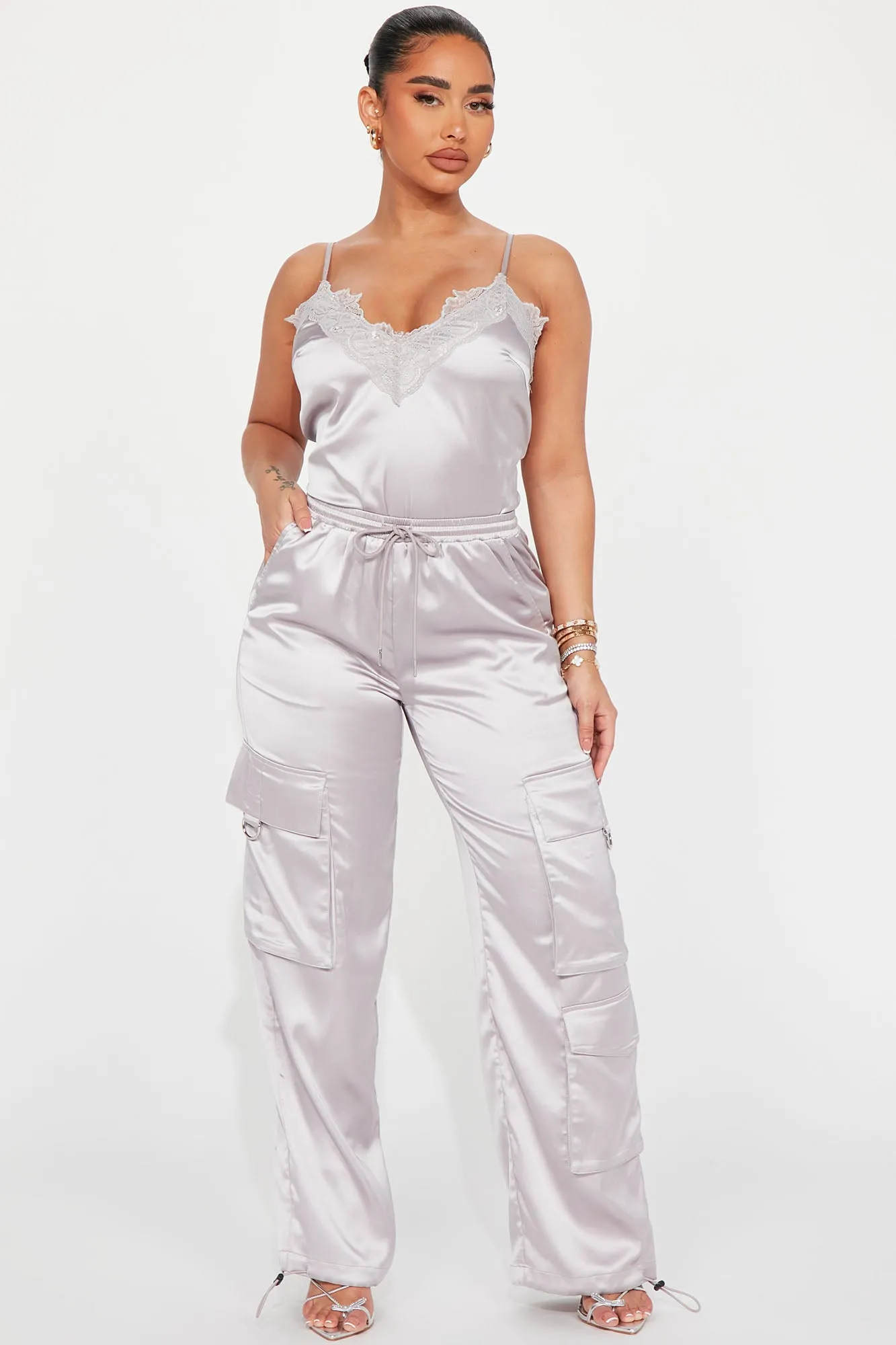 Back To You Satin Jogger Set - Grey