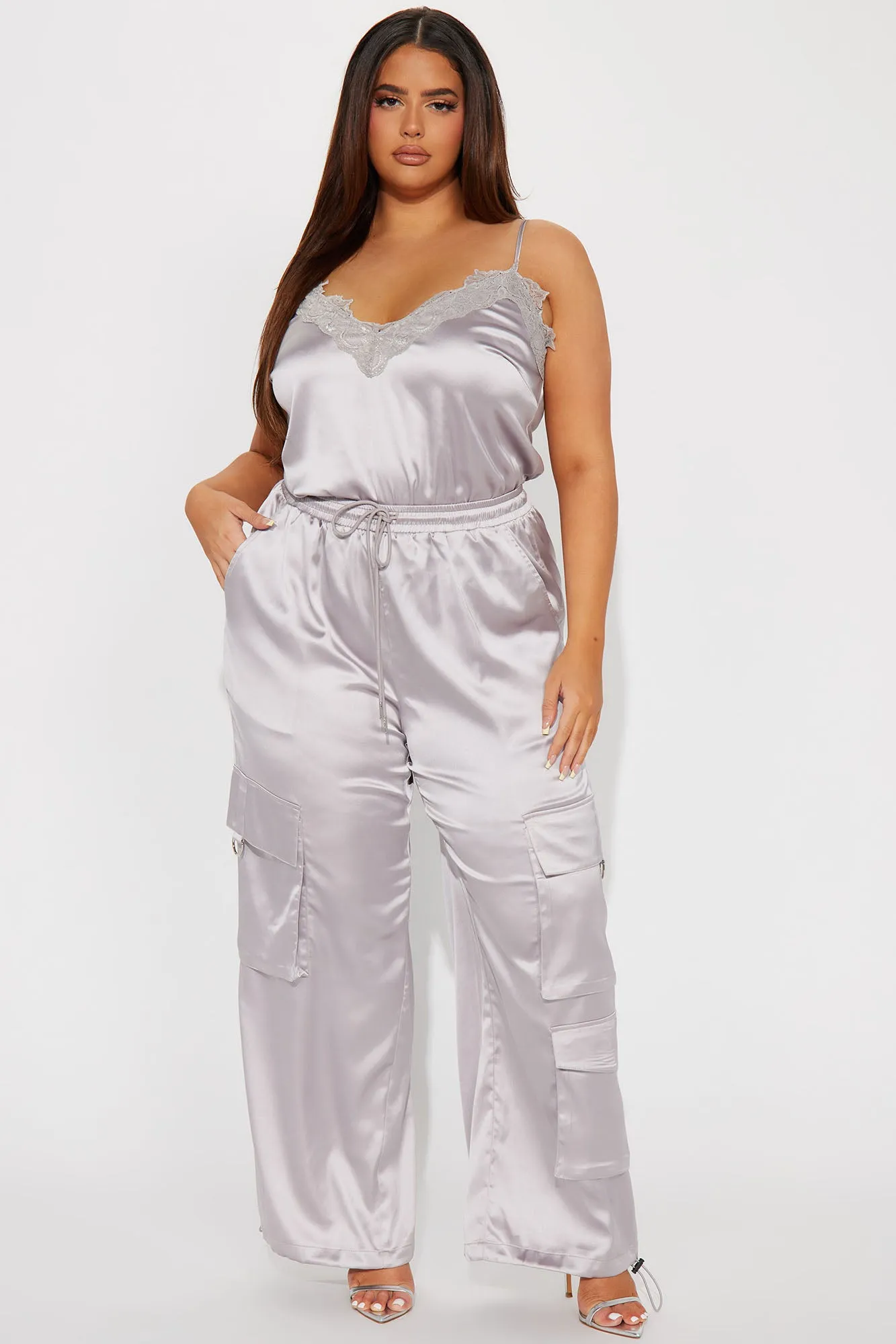 Back To You Satin Jogger Set - Grey