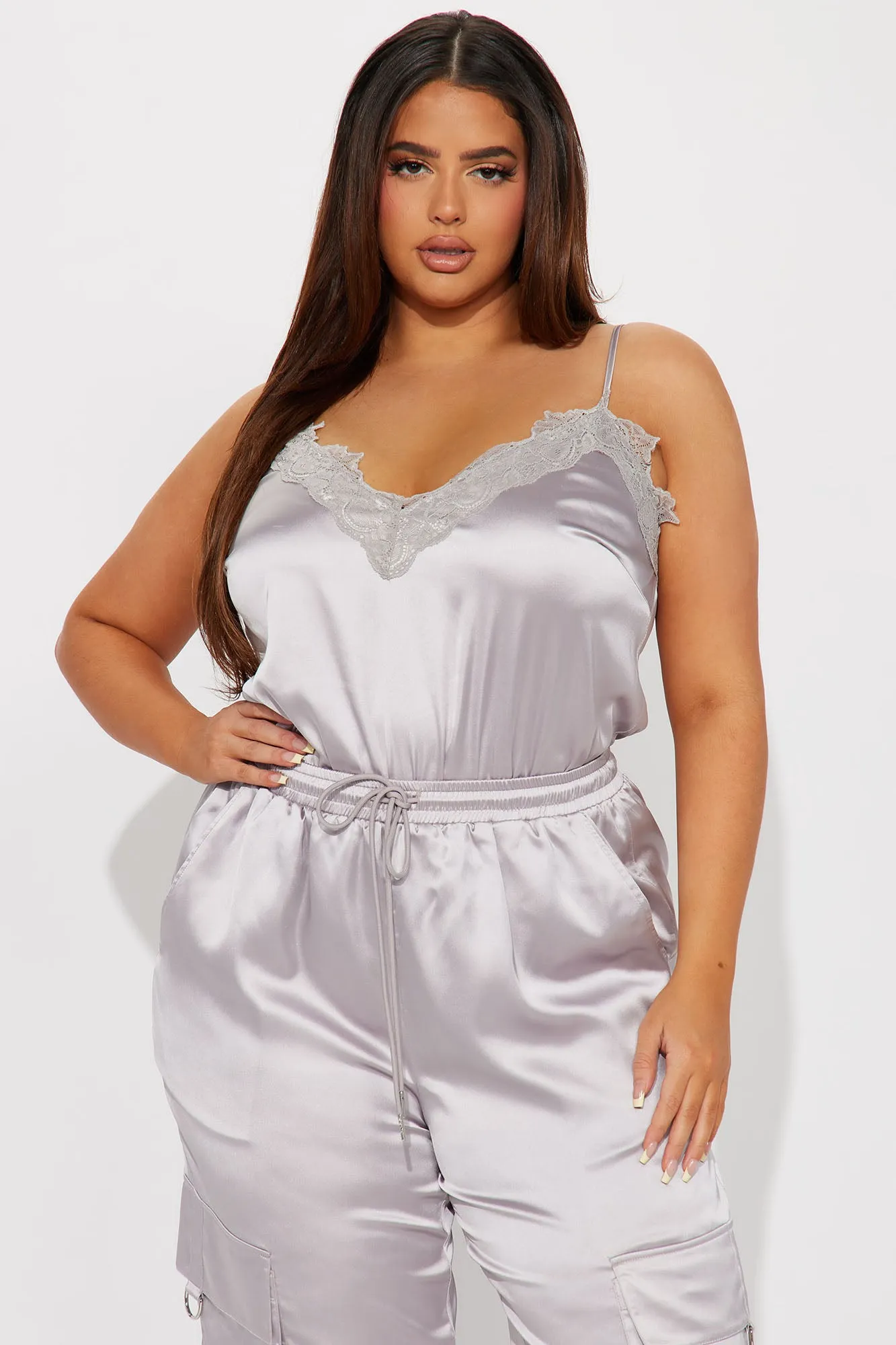 Back To You Satin Jogger Set - Grey