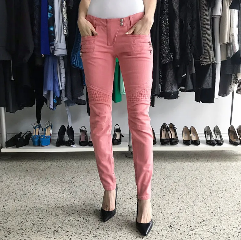 Balmain Pink biker Denim Skinny Low Rise Motorcycle Jeans - 38