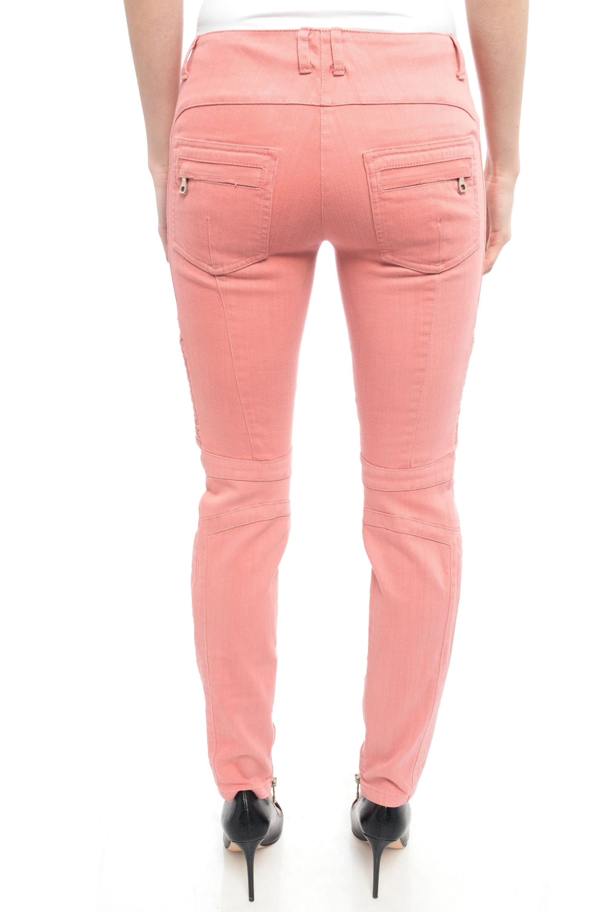 Balmain Pink biker Denim Skinny Low Rise Motorcycle Jeans - 38