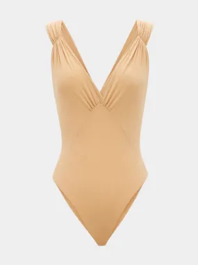 Beige Silk Muslin Cross-Back Bodysuit