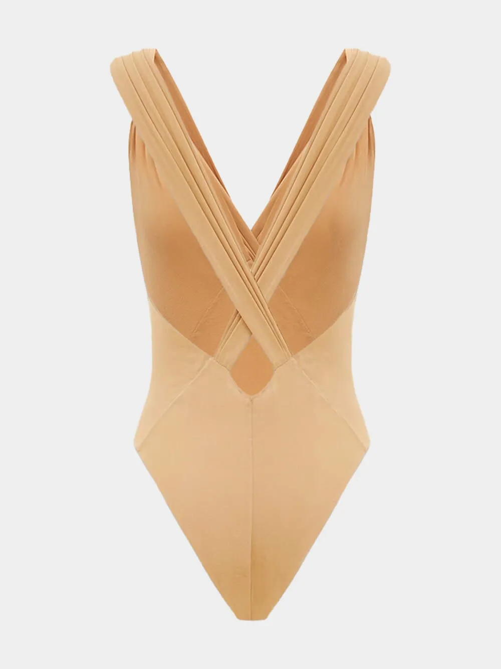 Beige Silk Muslin Cross-Back Bodysuit