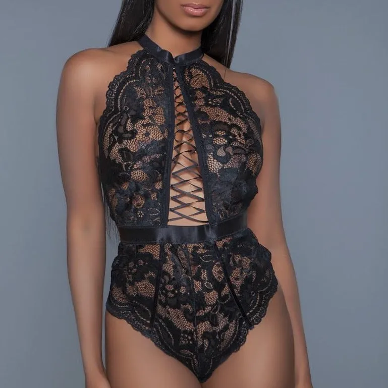 Black Lace Halter Thong Bodysuit