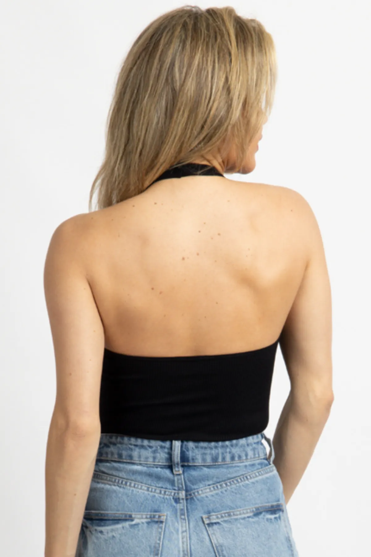 BLACK RIBBED HALTER OPEN-BACK BODYSUIT