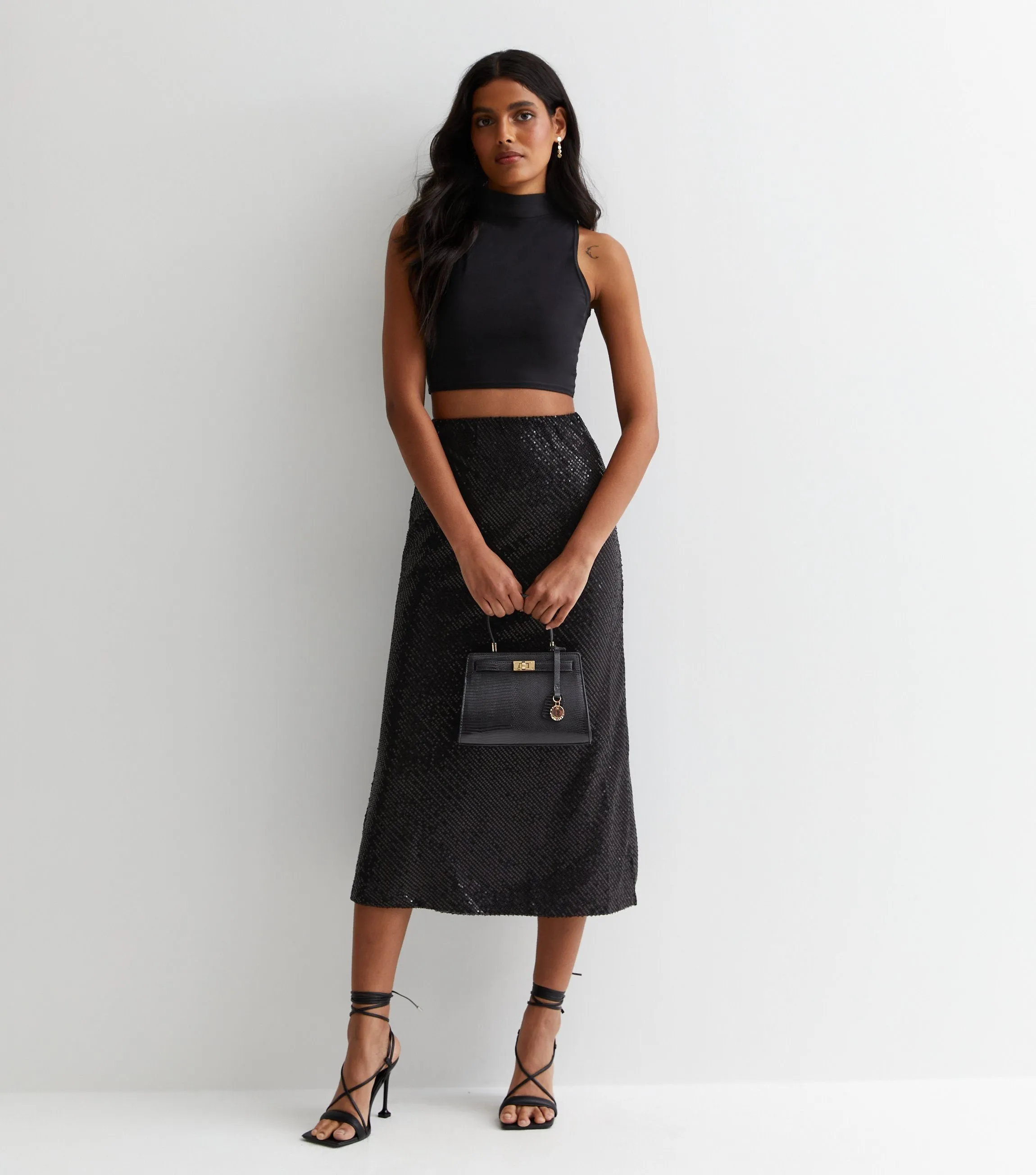 Black Sequin Bias Midi Skirt