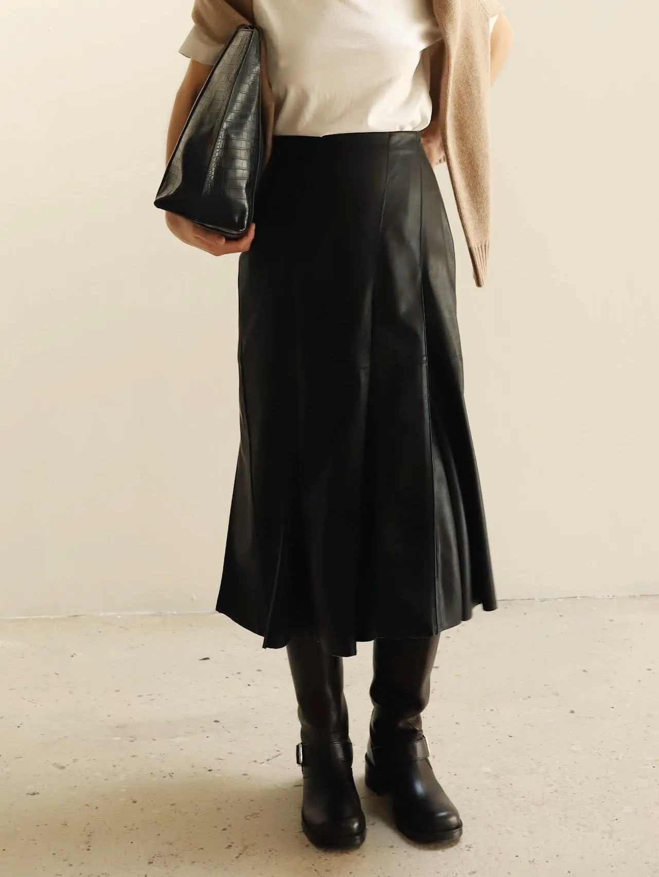Black Vegan Leather Pleat Midi Skirt