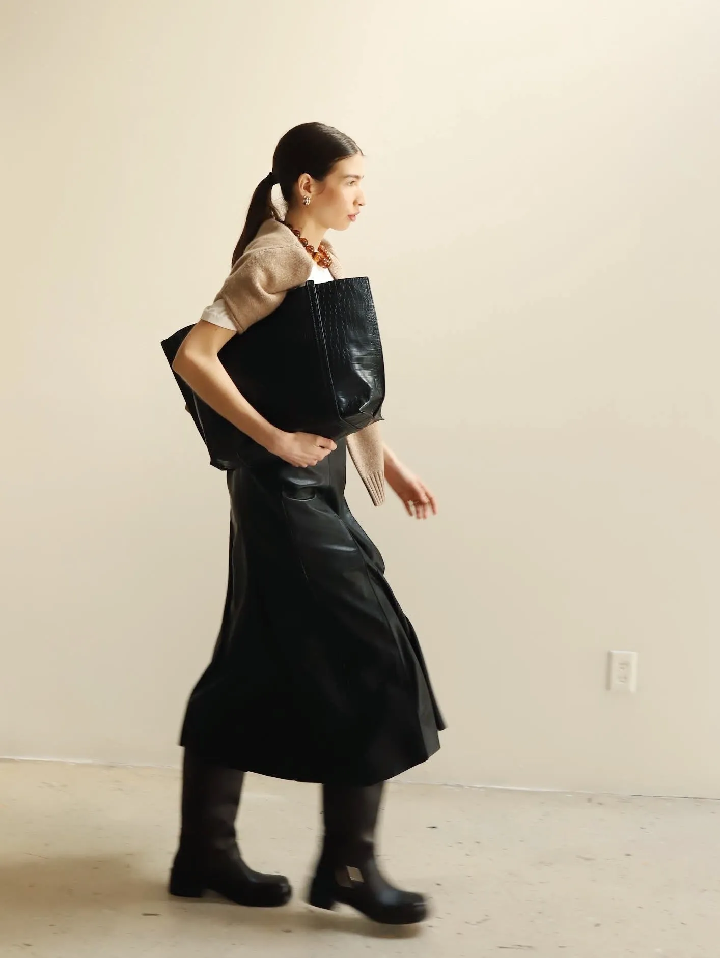 Black Vegan Leather Pleat Midi Skirt