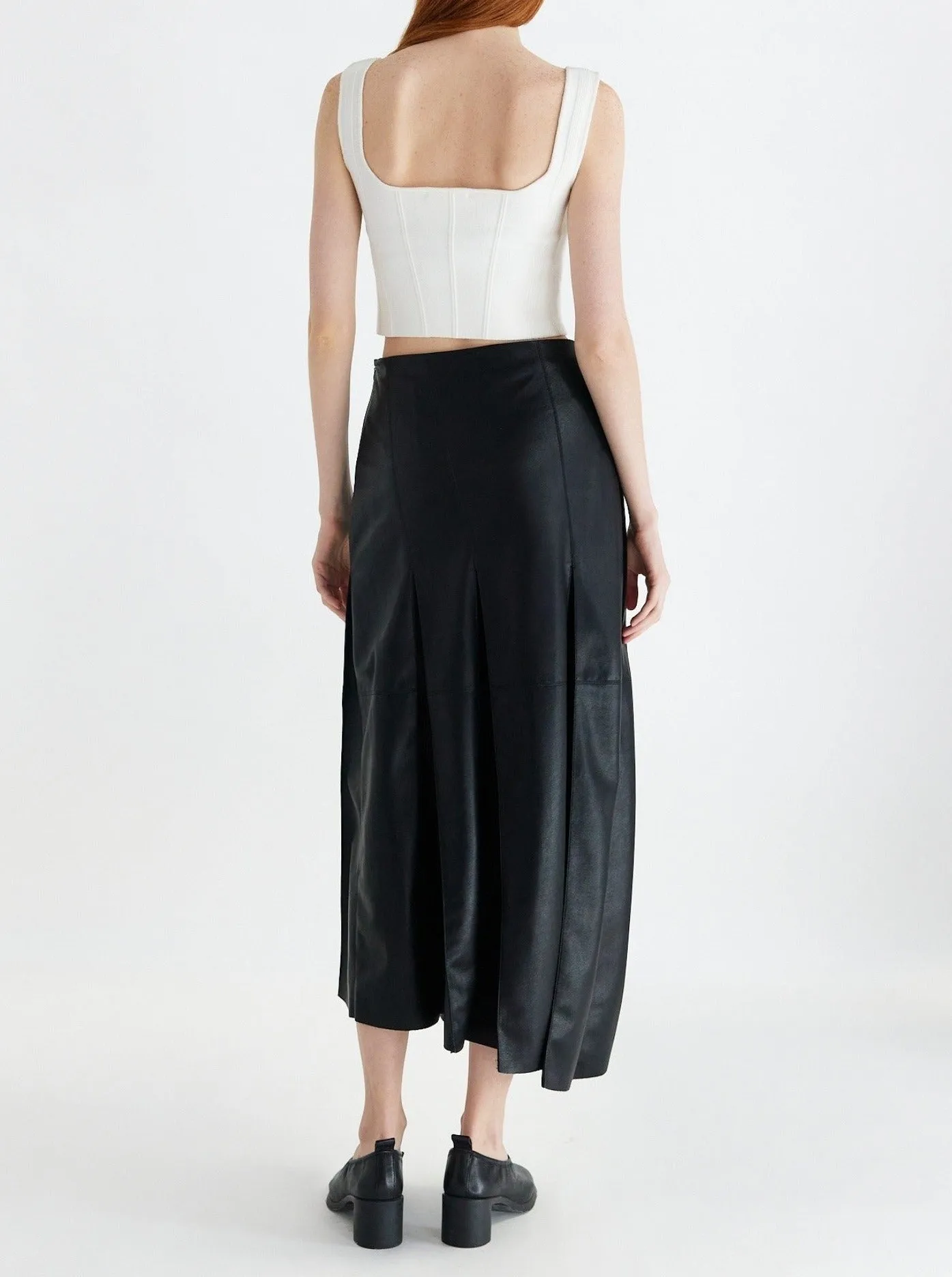 Black Vegan Leather Pleat Midi Skirt