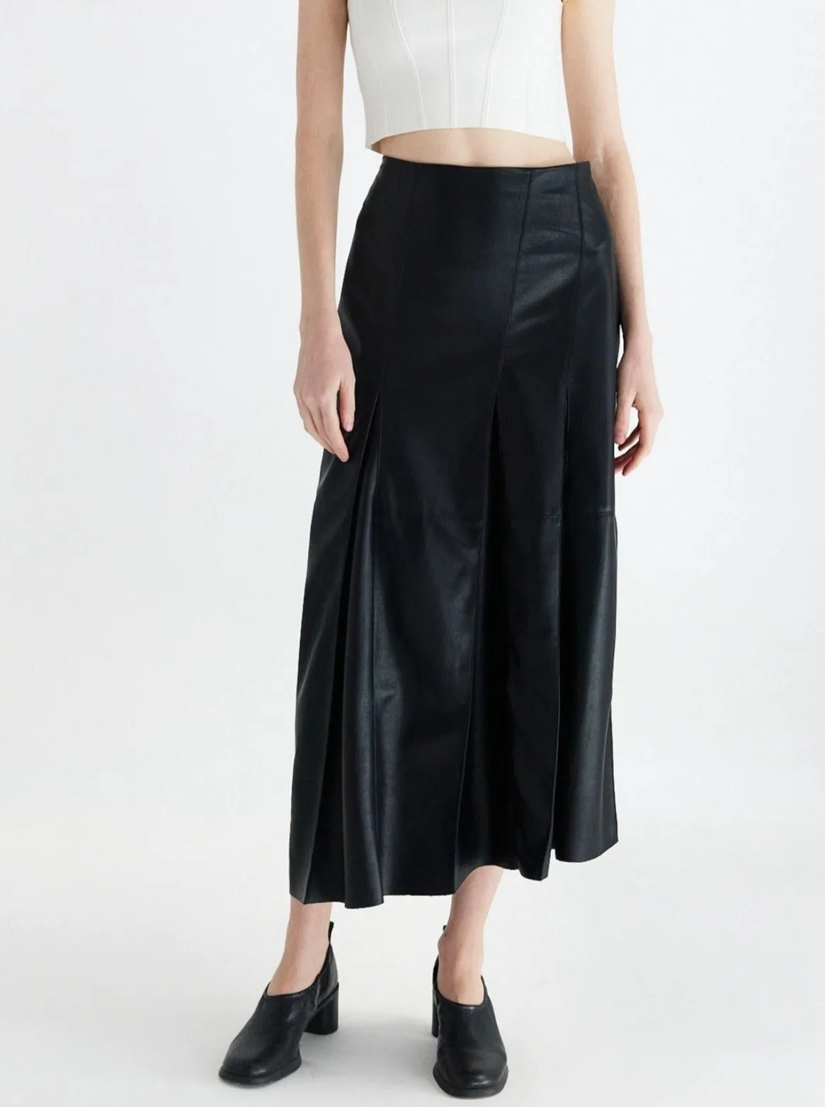 Black Vegan Leather Pleat Midi Skirt
