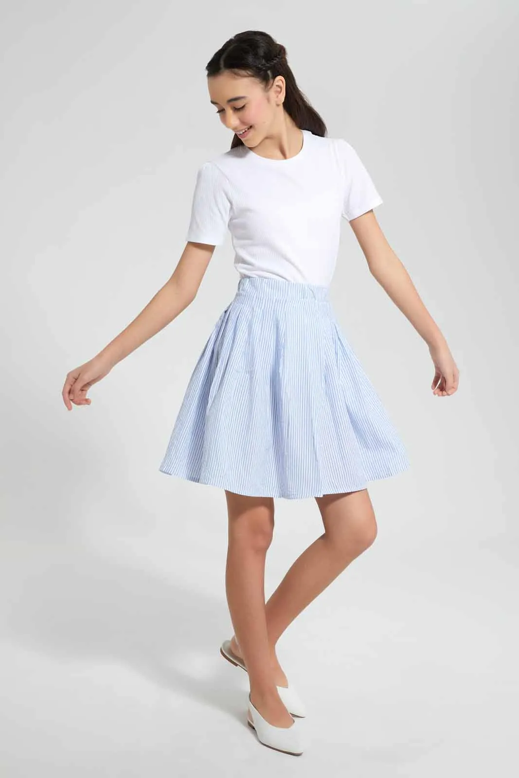 Blue And White Pleated Skirt