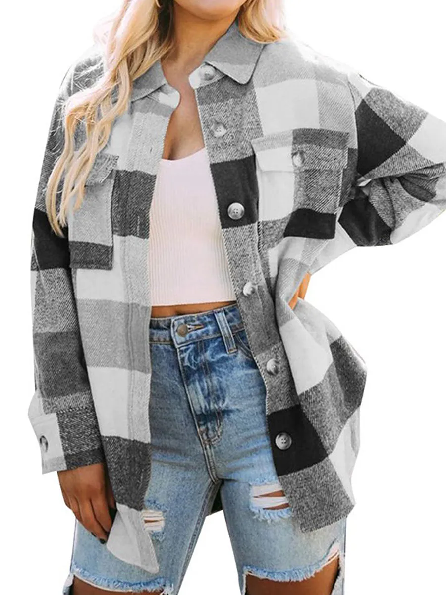 Casual Plaid Button Down Long Sleeve Coat