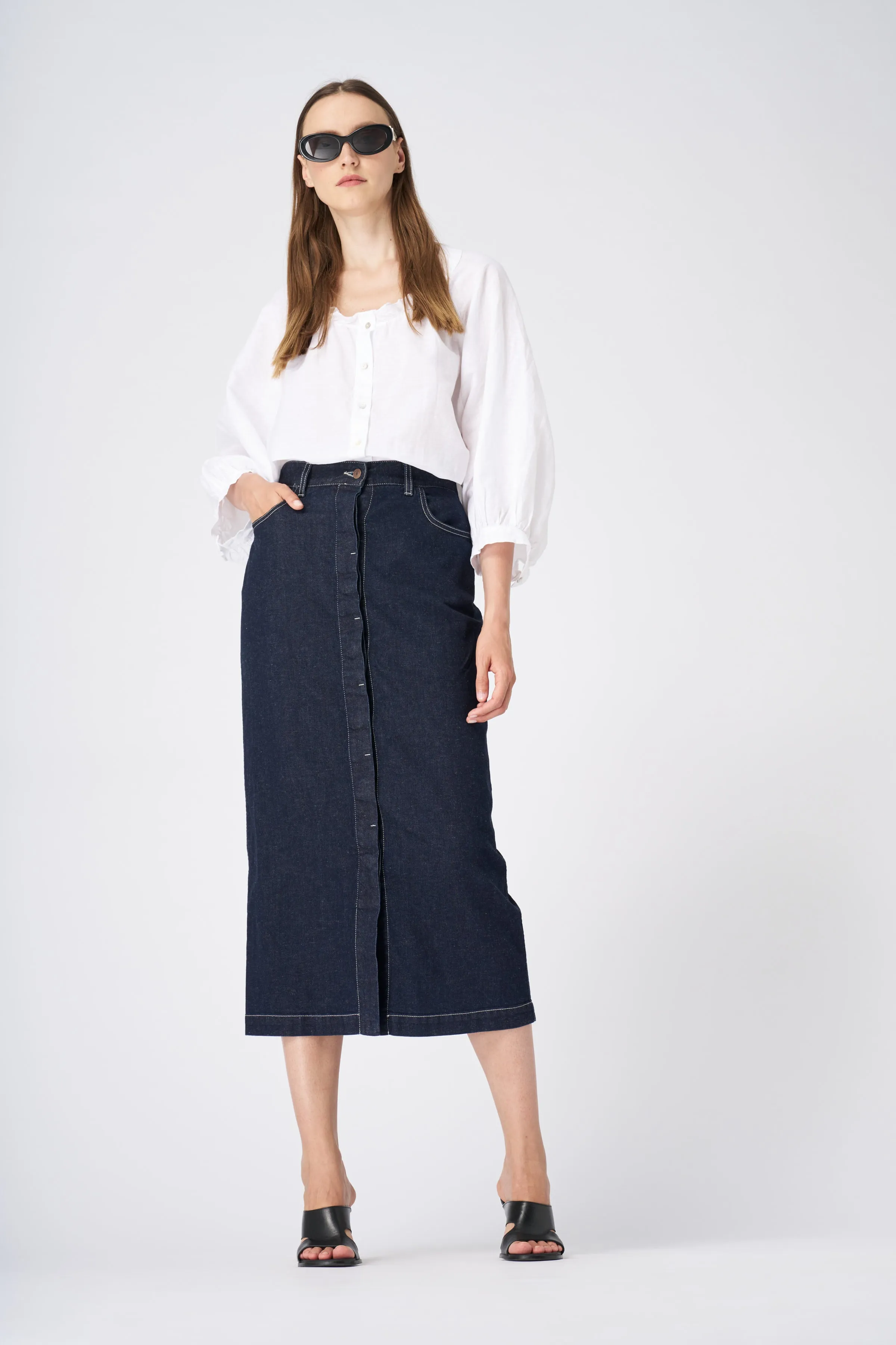 Classic High-Waisted Denim Midi Skirt