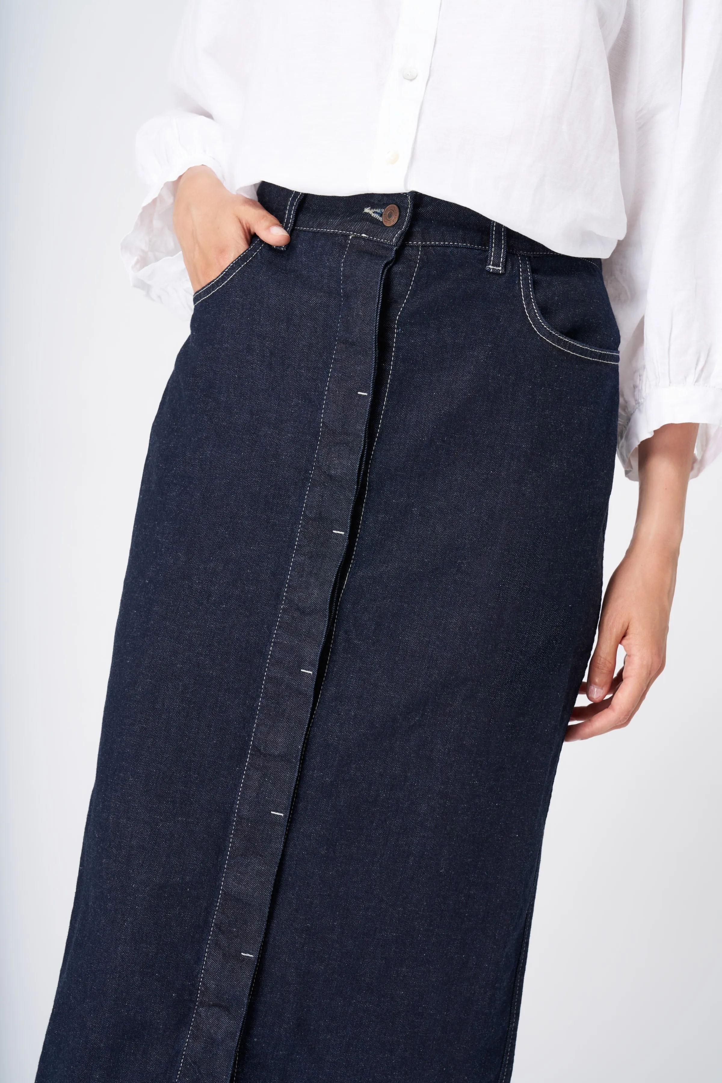 Classic High-Waisted Denim Midi Skirt