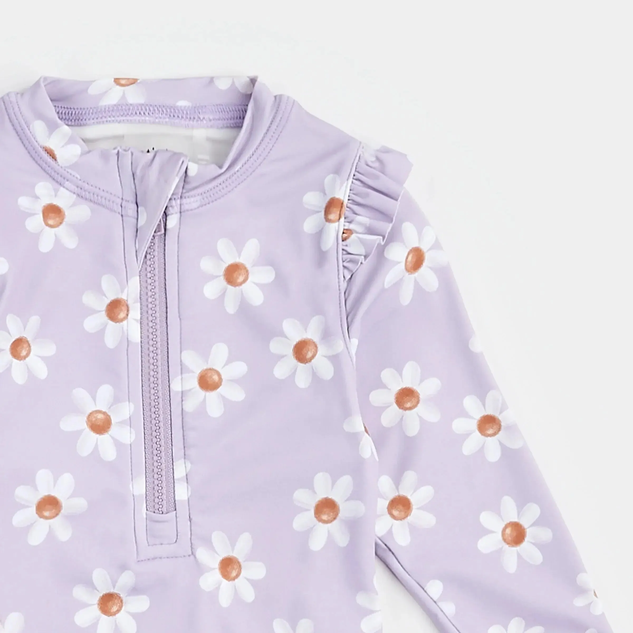 Daisy Print On Lavender Long-Sleeve Swimsuit | Petit Lem