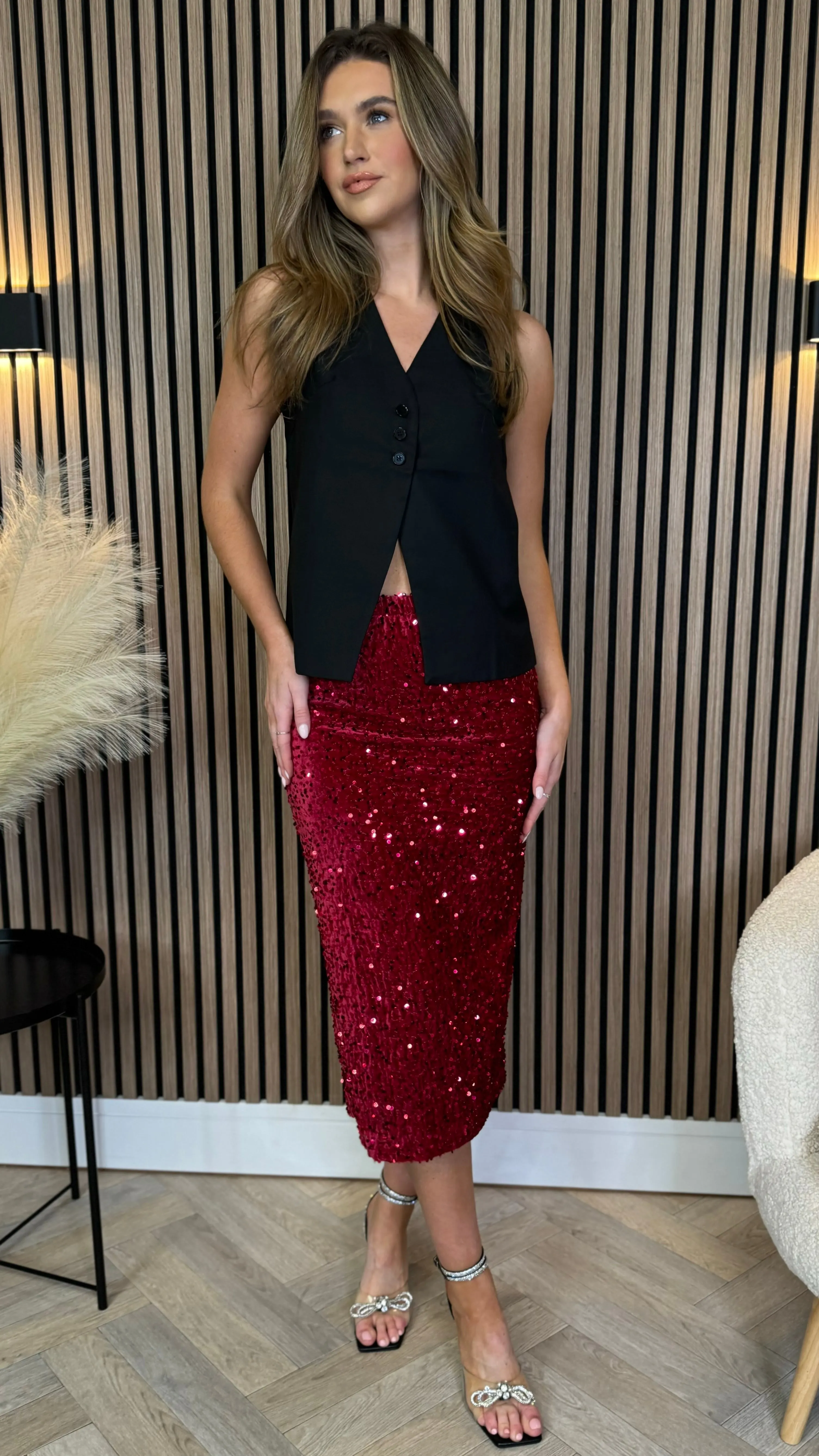 Dervla Red Sequin Midi Skirt