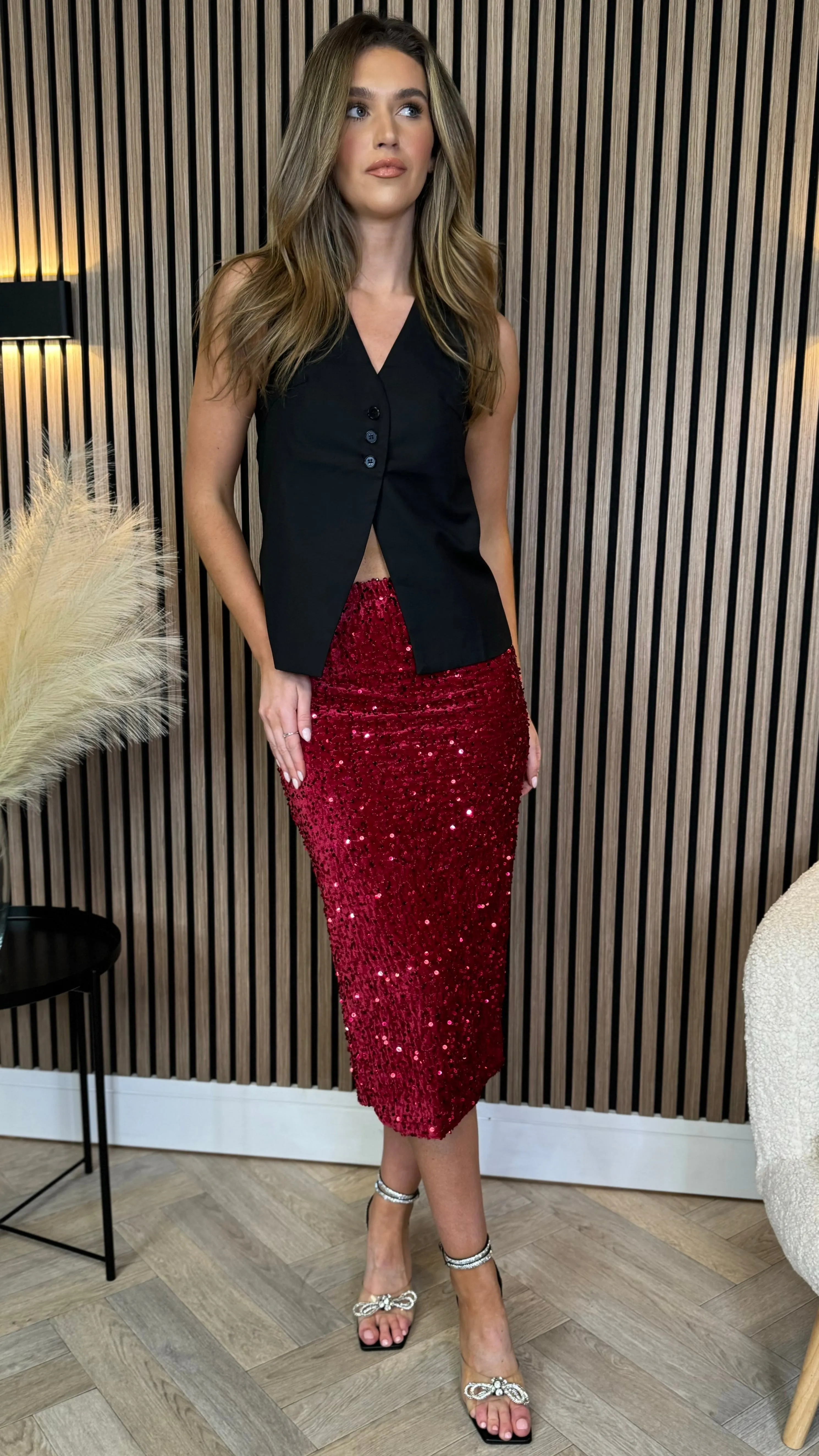 Dervla Red Sequin Midi Skirt
