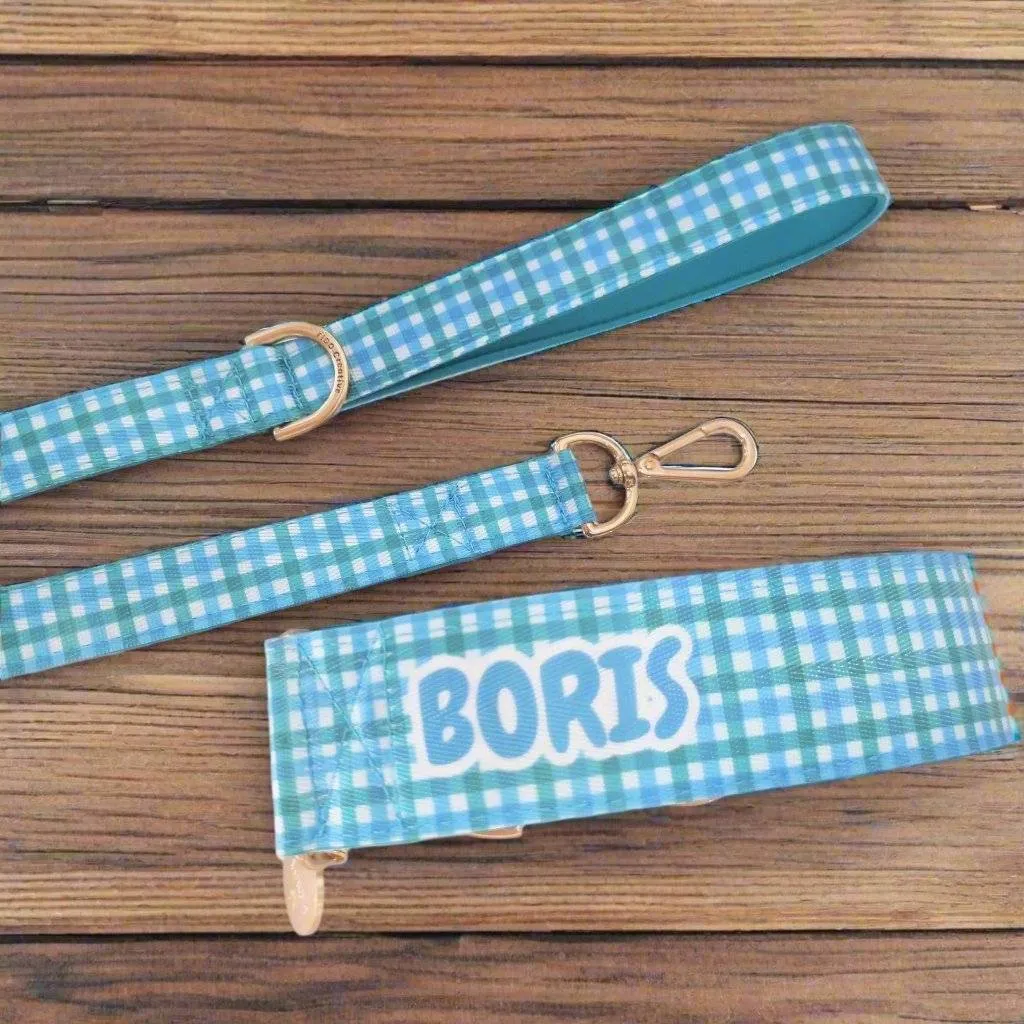 Dog Leash Blue Green Gingham - Neoprene Padded