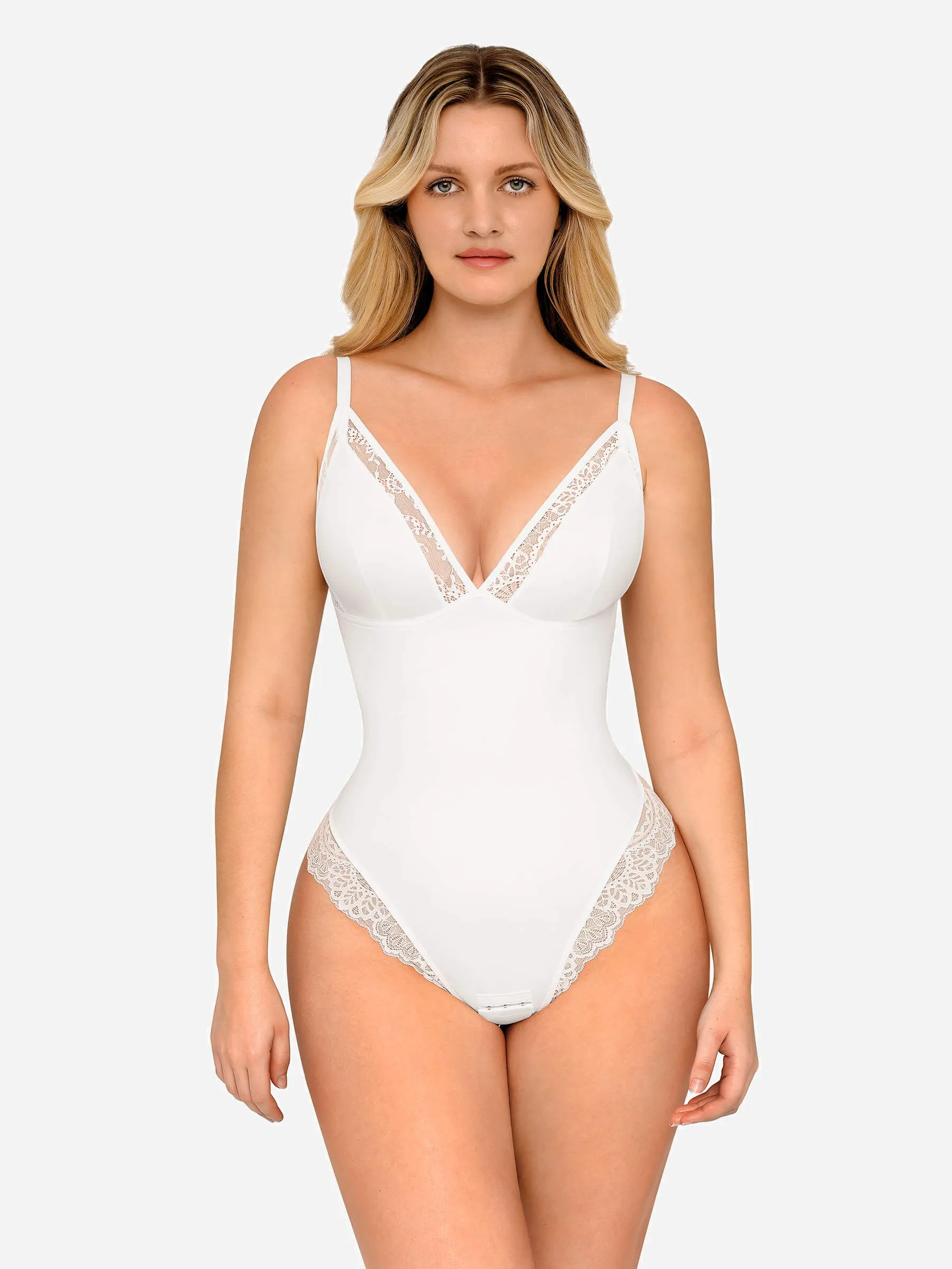 Feelingirl Deep V Neck Lace Thong Body Shaper