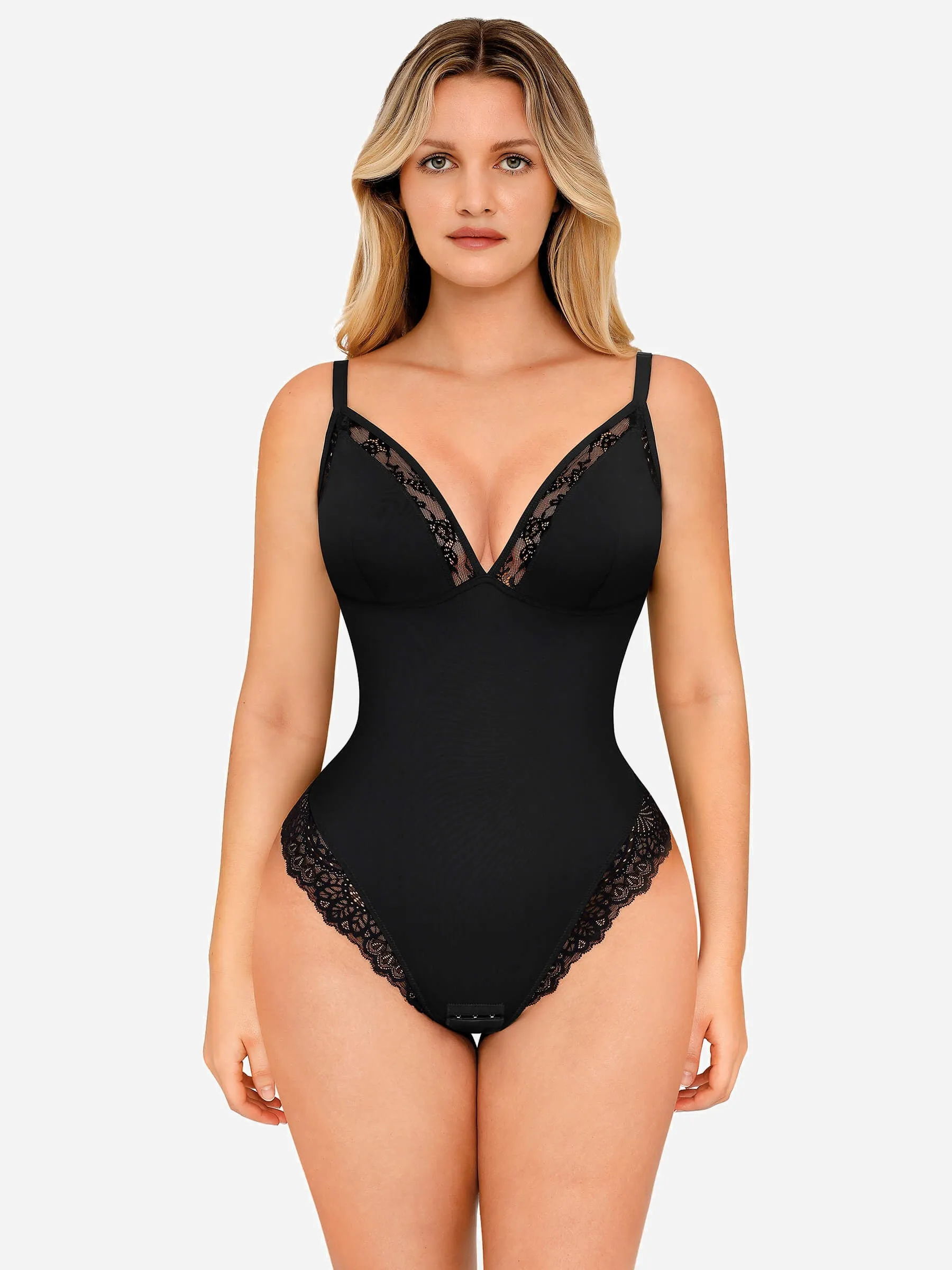 Feelingirl Deep V Neck Lace Thong Body Shaper