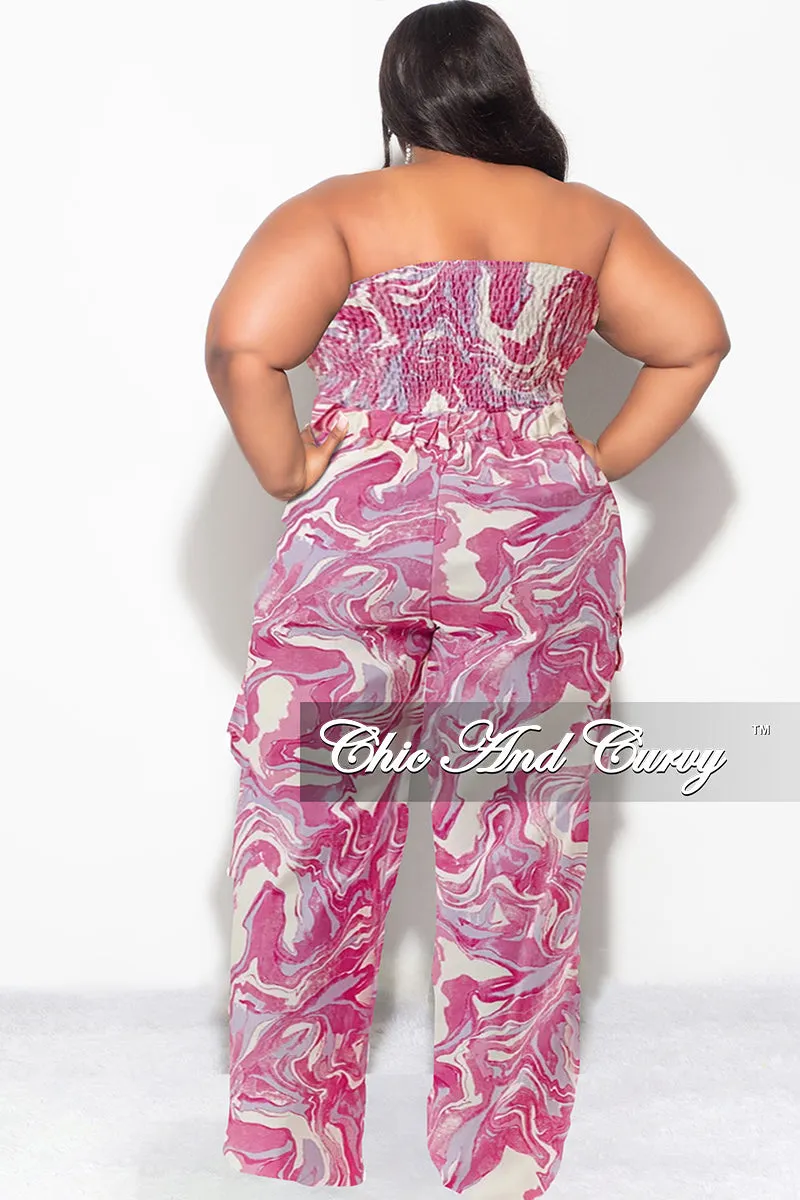 Final Sale Plus Size Cargo Jumpsuit in Fuchsia Design Print