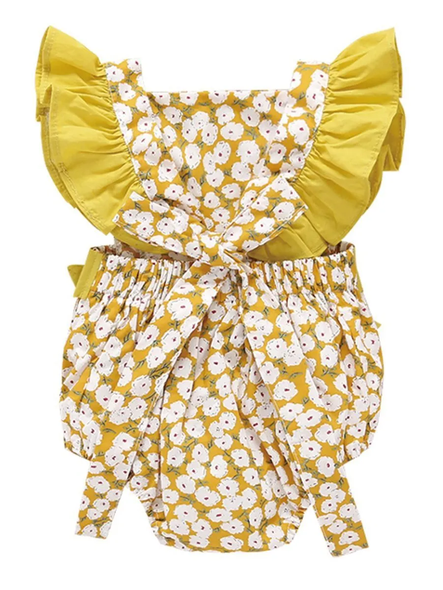 Floral Flutter Sleeve Big Bow Baby Jumpsuit