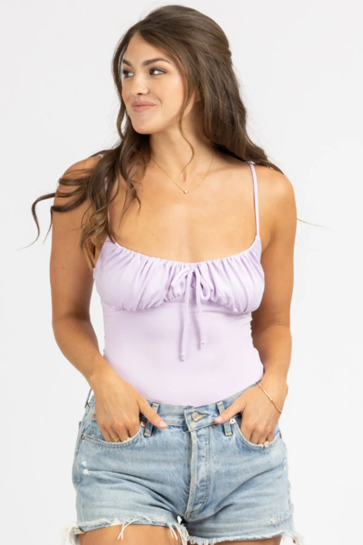 LILAC SHIRRED DETAIL BODYSUIT
