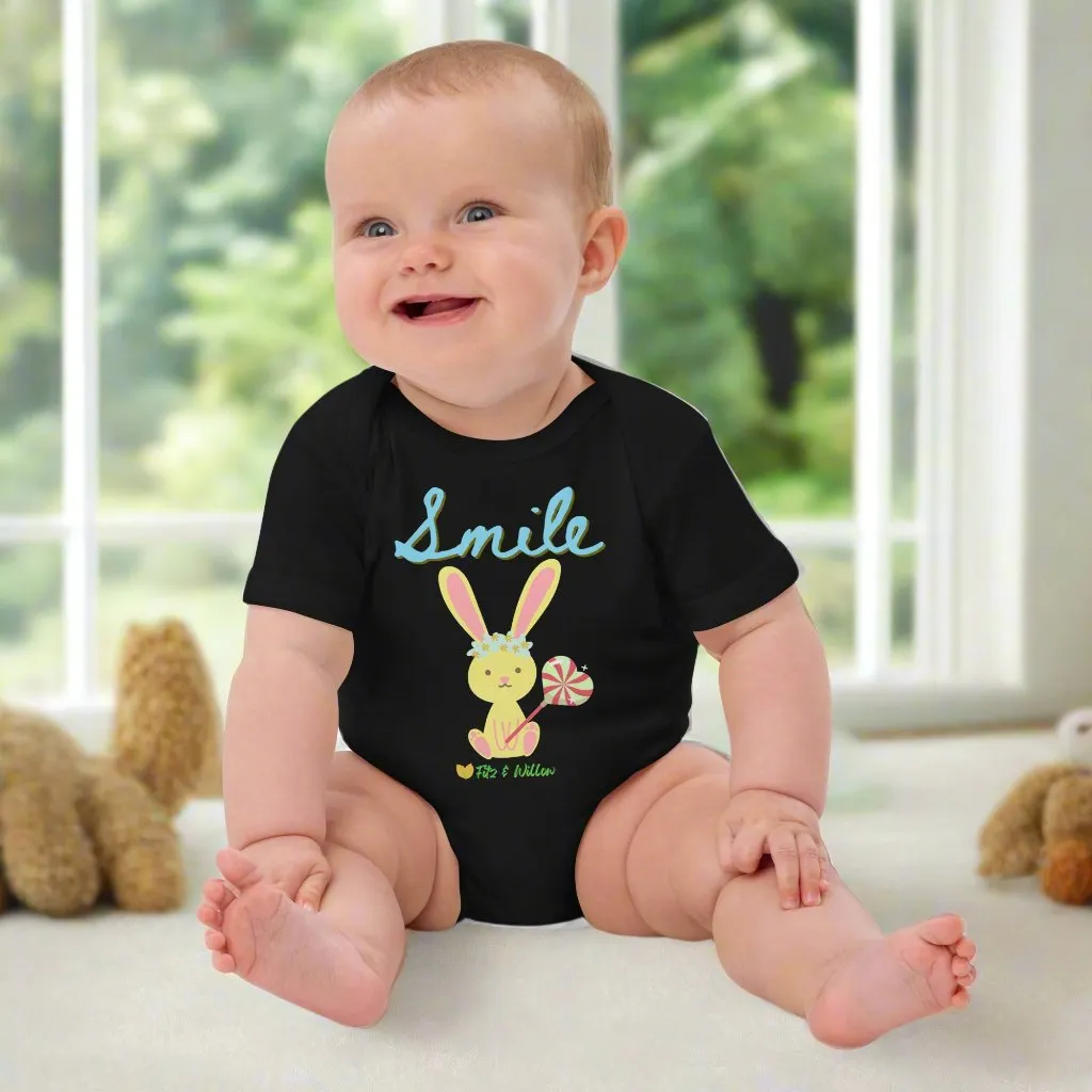 Organic cotton baby bodysuit, Bunny Smile - Fitz & Willow