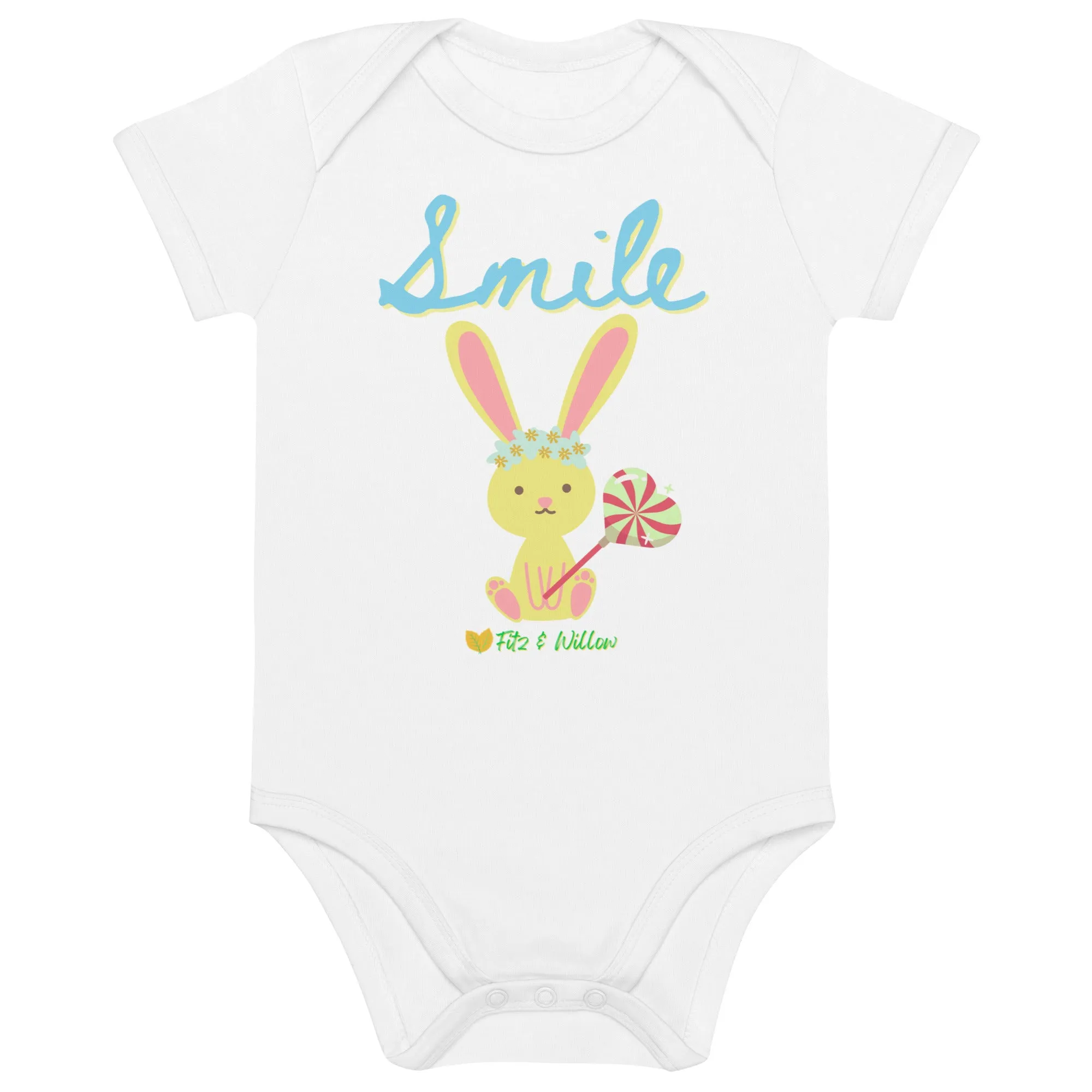 Organic cotton baby bodysuit, Bunny Smile - Fitz & Willow