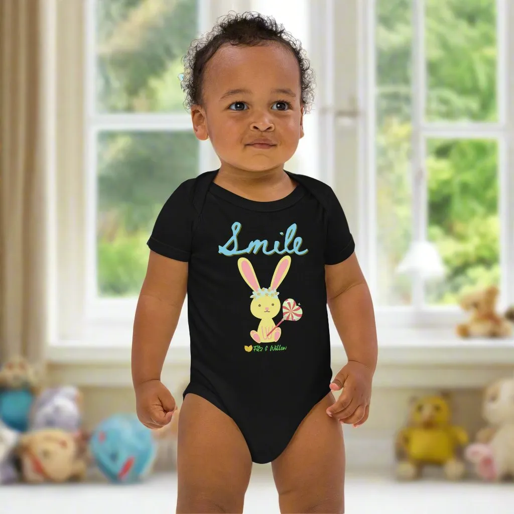 Organic cotton baby bodysuit, Bunny Smile - Fitz & Willow