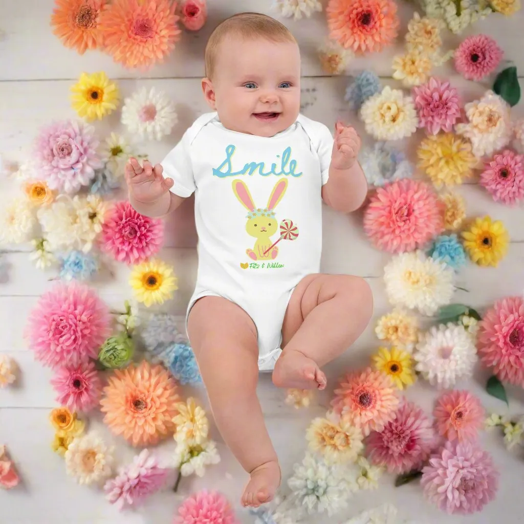 Organic cotton baby bodysuit, Bunny Smile - Fitz & Willow