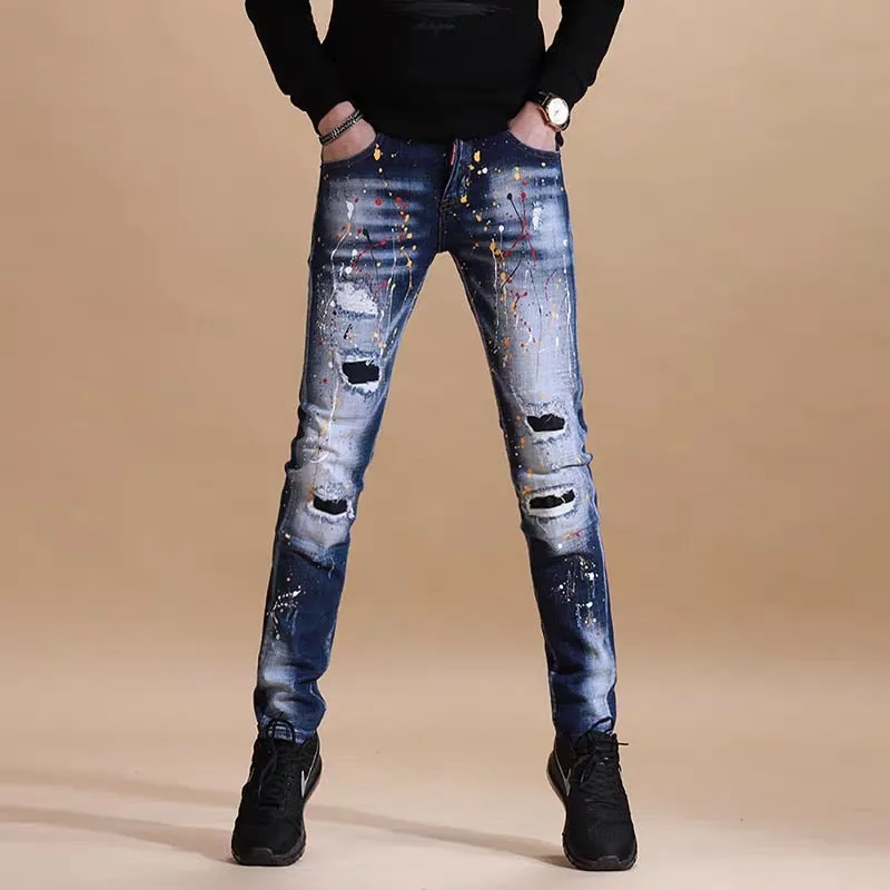 Paint Splatter Prints Men Ripped Effect Jeans