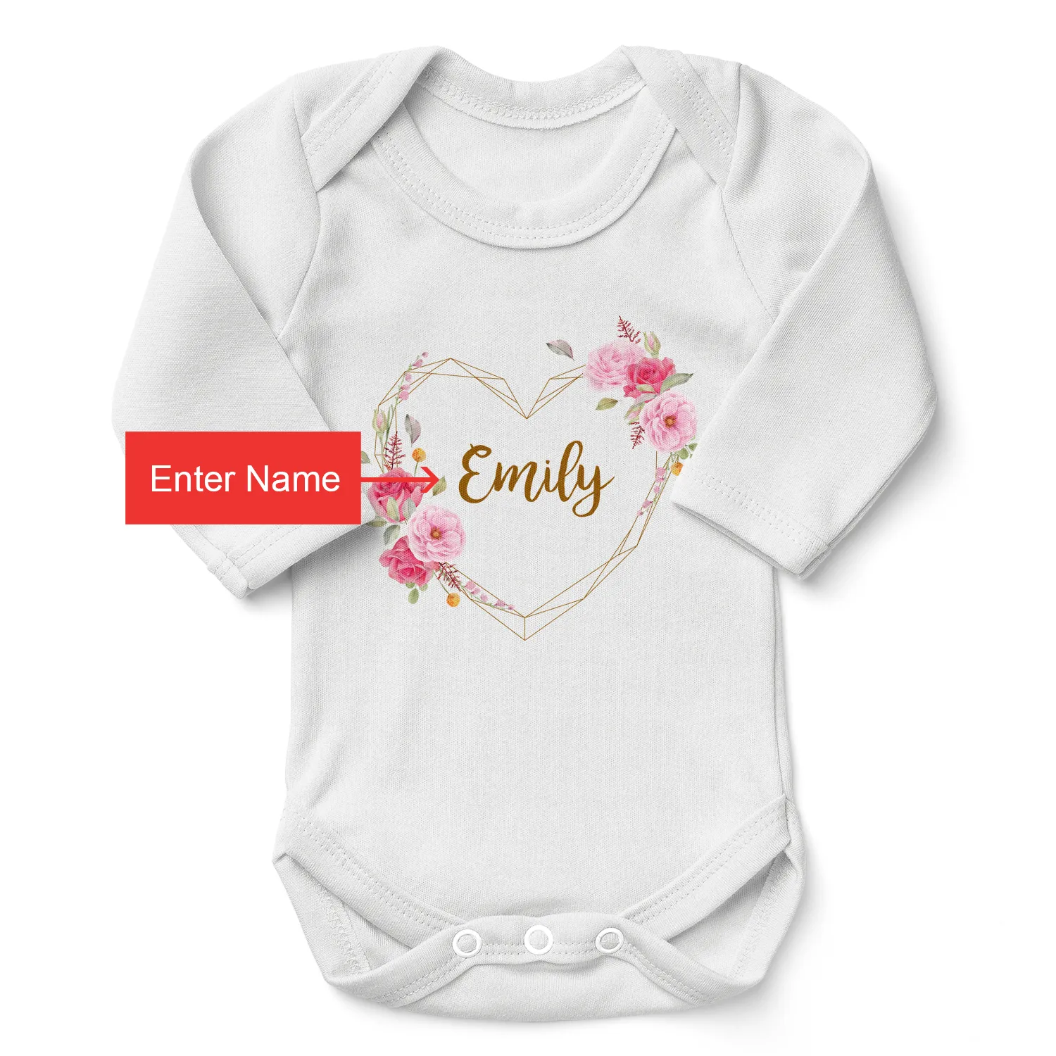 Personalized Organic Baby Bodysuit - Floral Love  (White / Long Sleeve)