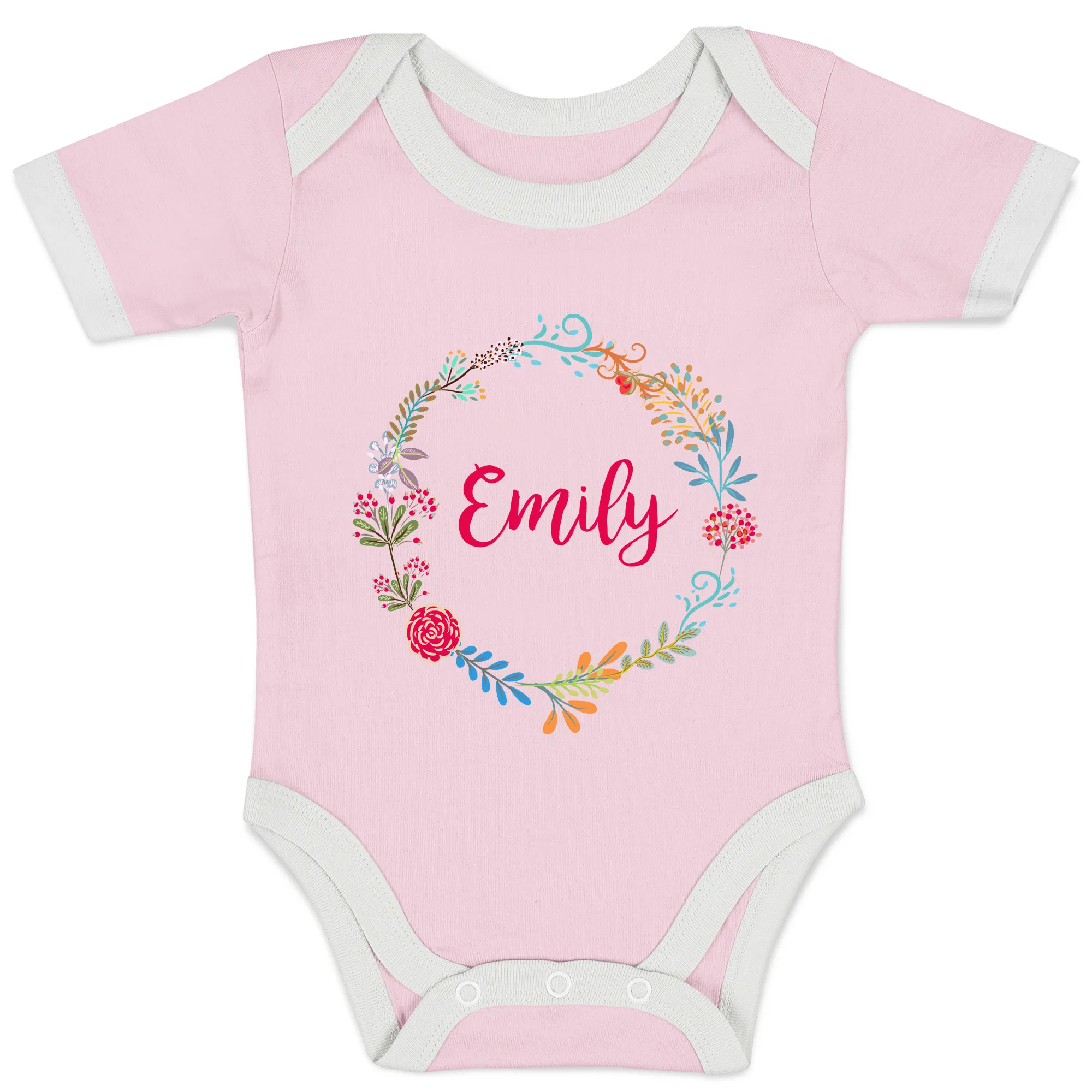 Personalized Organic Baby Bodysuit - Floral Round (Pink / Short Sleeve)