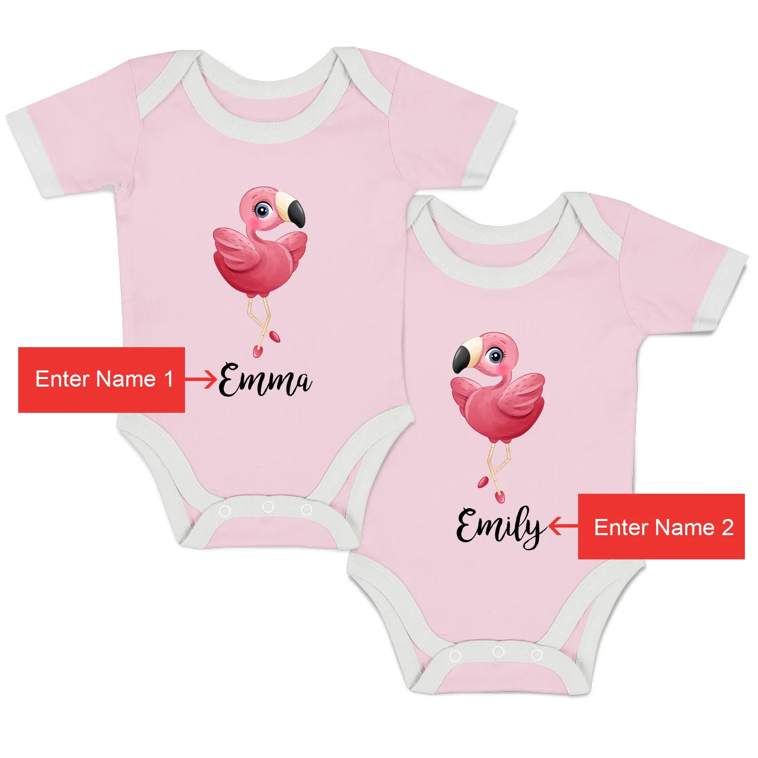 Personalized Organic Baby Bodysuit Set - TWIN Flamingos (Pink & Pink)