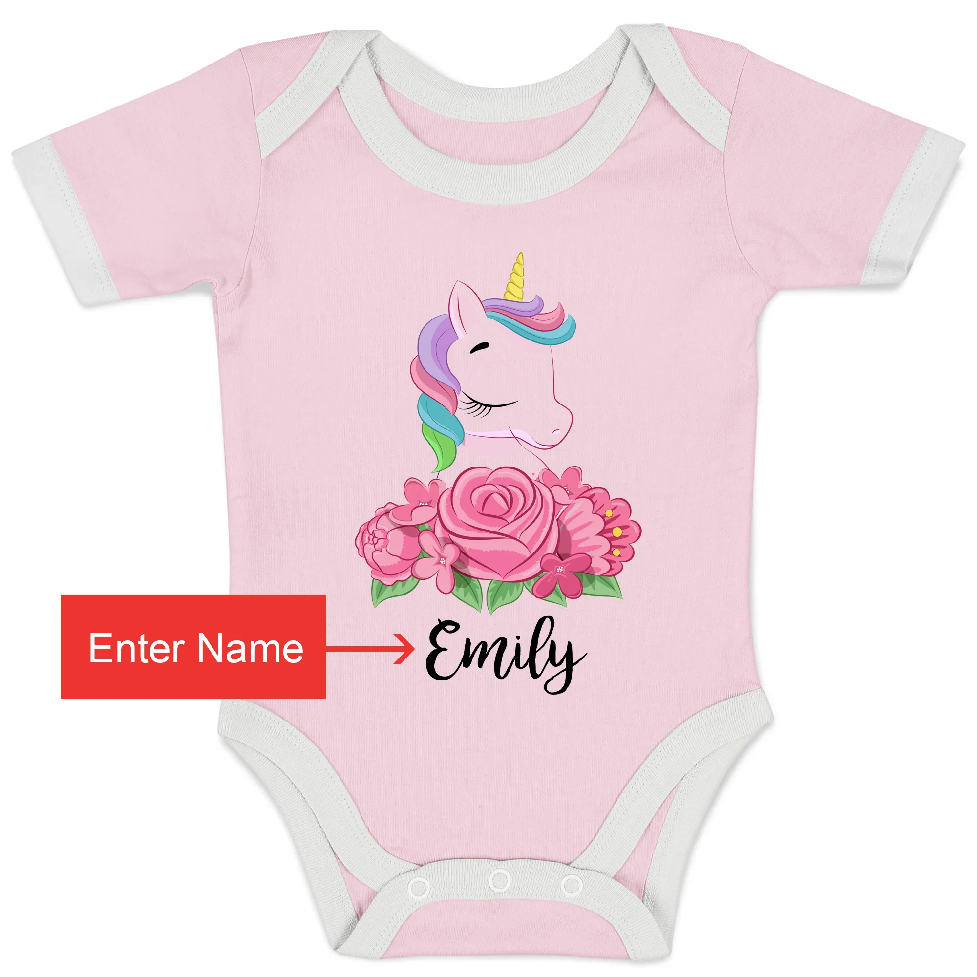 Personalized Organic Baby Bodysuit - Unicorn (Pink / Short Sleeve)