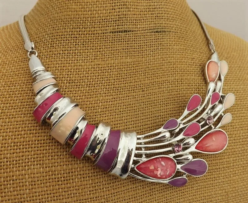Pink, Purple & Silver Tone Collar Necklace