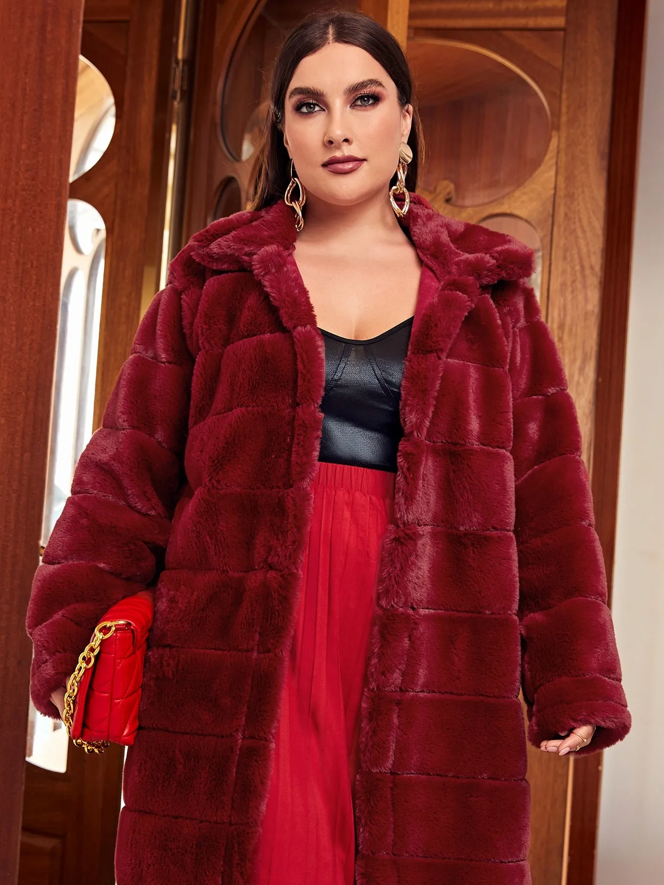 Plain Long Sleeve Collar Knee Length Plus Size Faux Fur Coat