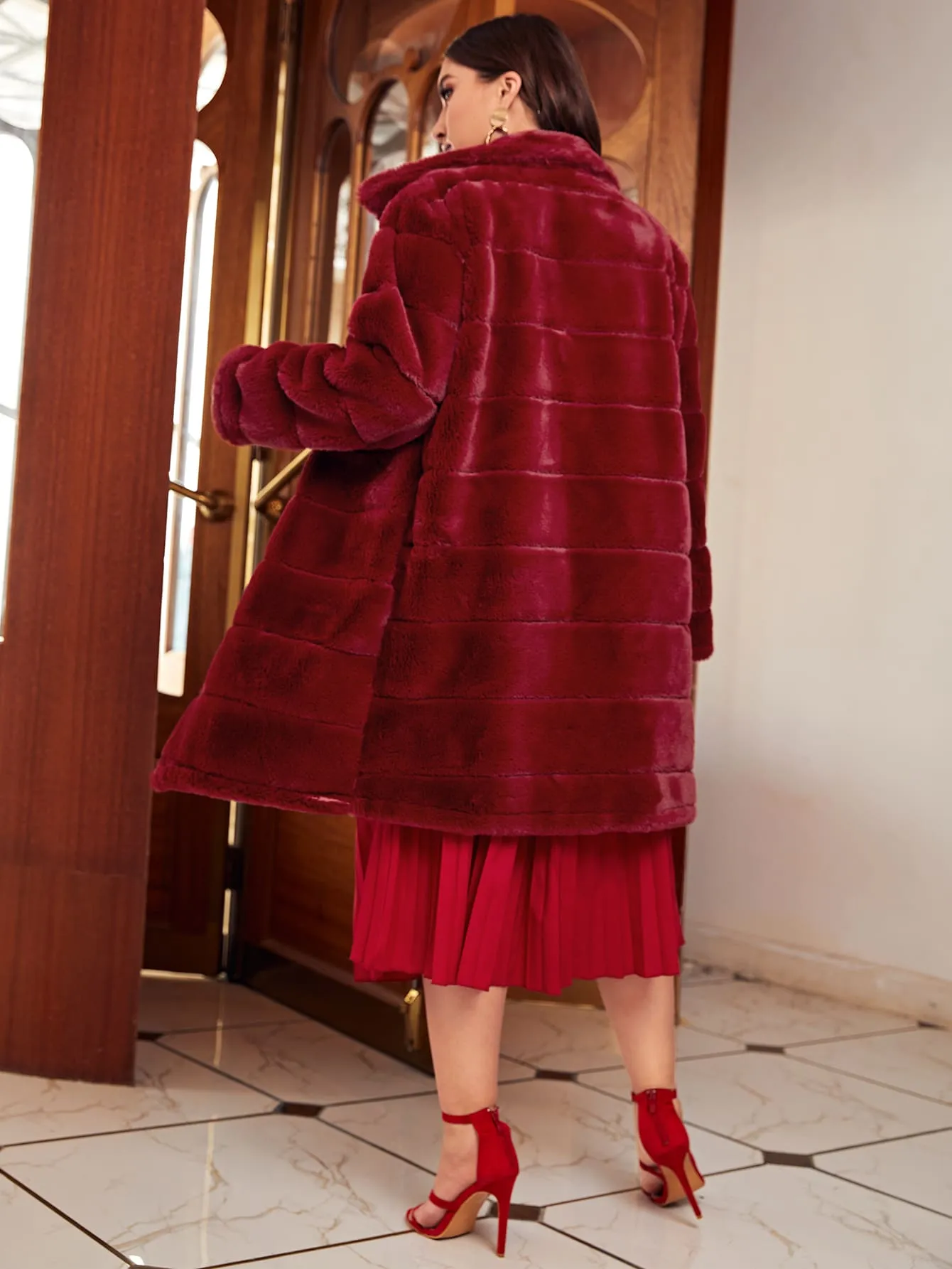 Plain Long Sleeve Collar Knee Length Plus Size Faux Fur Coat