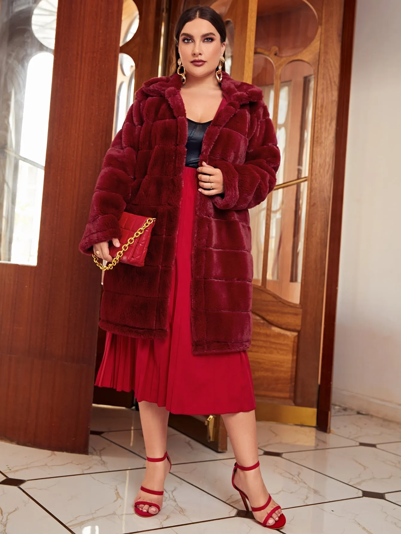 Plain Long Sleeve Collar Knee Length Plus Size Faux Fur Coat