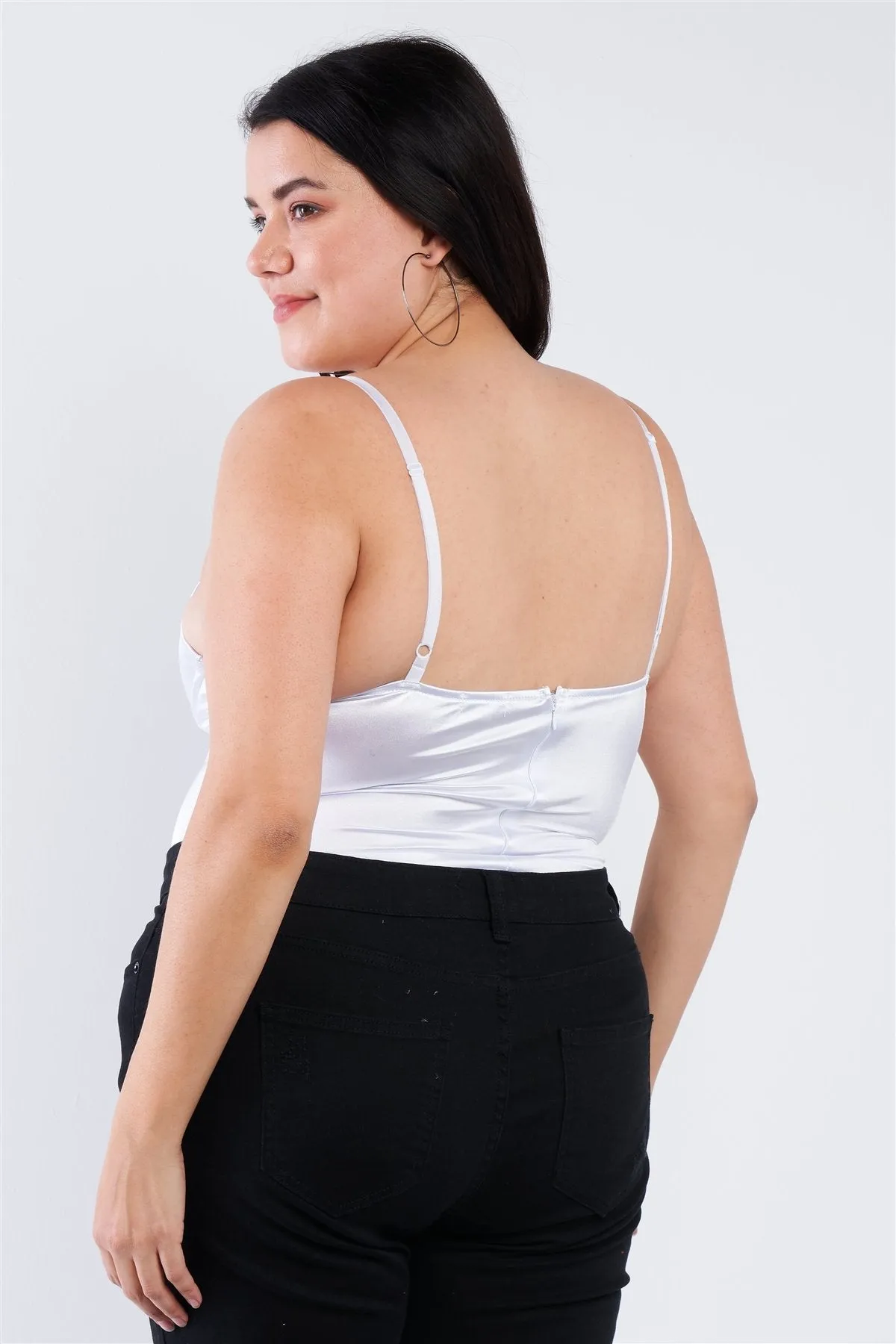 Plus Size Silk Chain Spaghetti Strap High Center Cut Out Bodysuit
