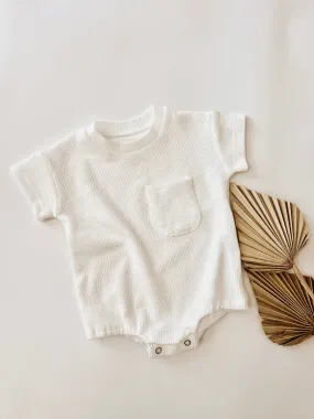 Pocket Short Sleeve Ribbed Bodysuit | White