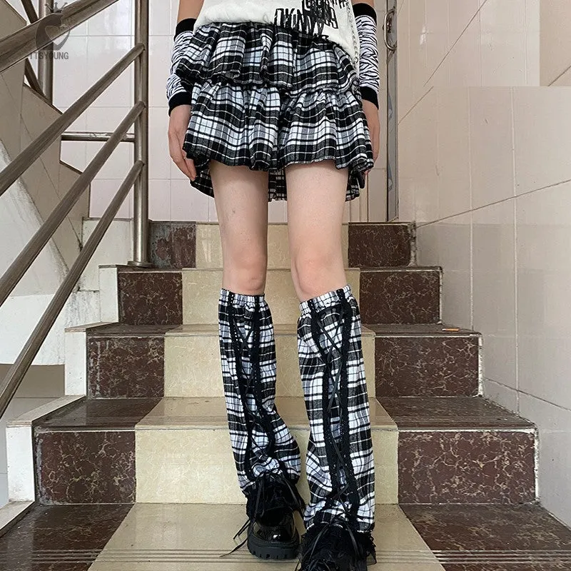 Punk Plaid Pleated Skirt   Leg Covers  KF82626