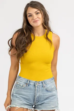 ROUND NECK SLEEVELESS BODYSUIT IN GOLD