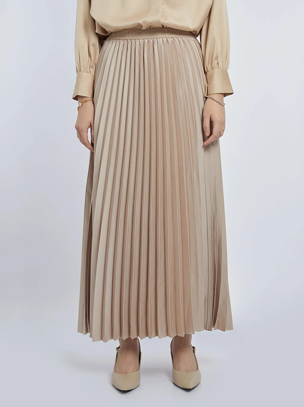 SATIN PLEATED SKIRT PLAIN SAND