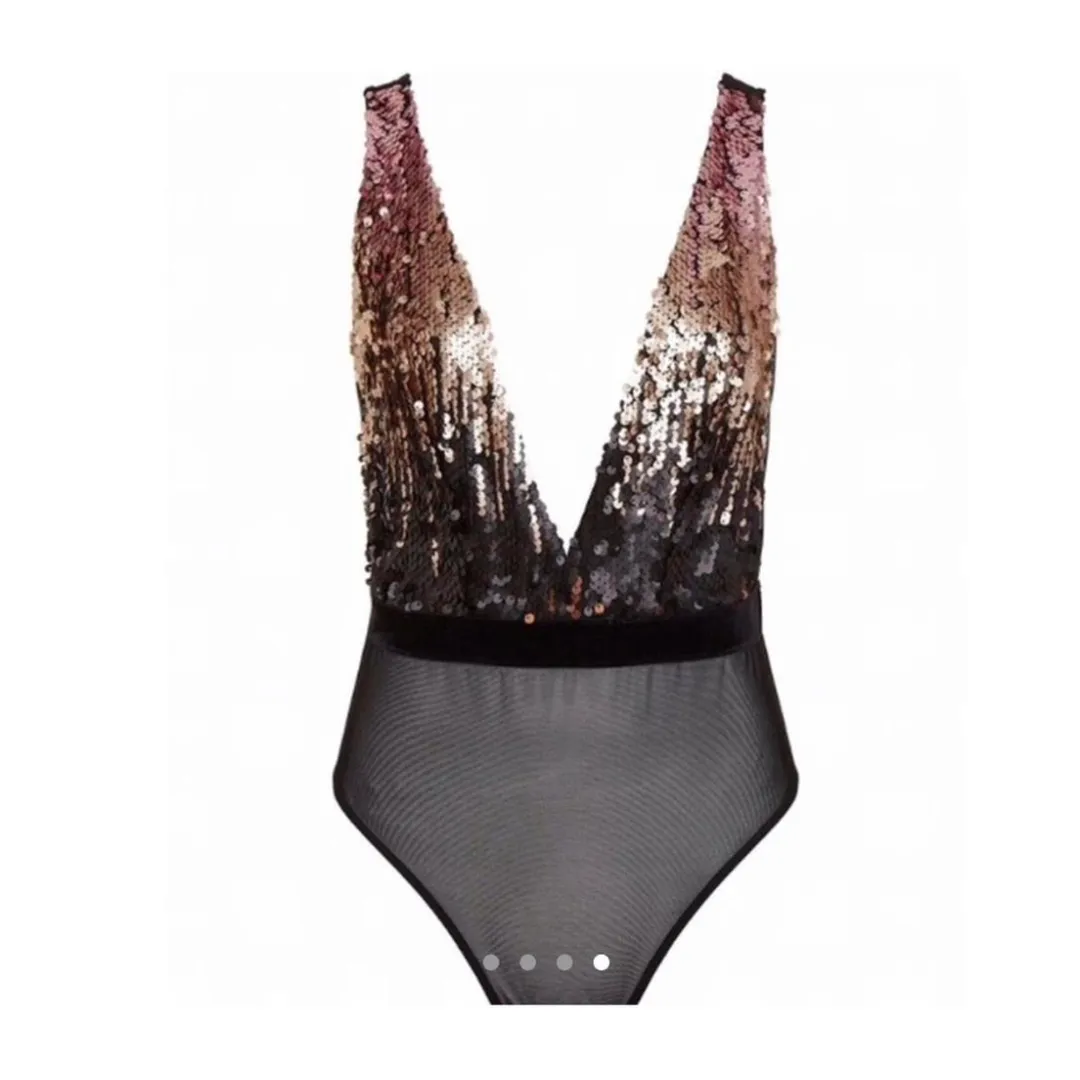 Sequins Bodysuit Black Metallic Ombre SIZE 16