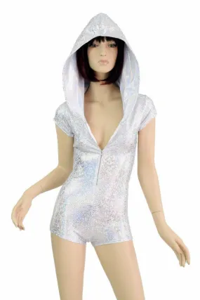 Silvery Zipper Front Hoodie Romper