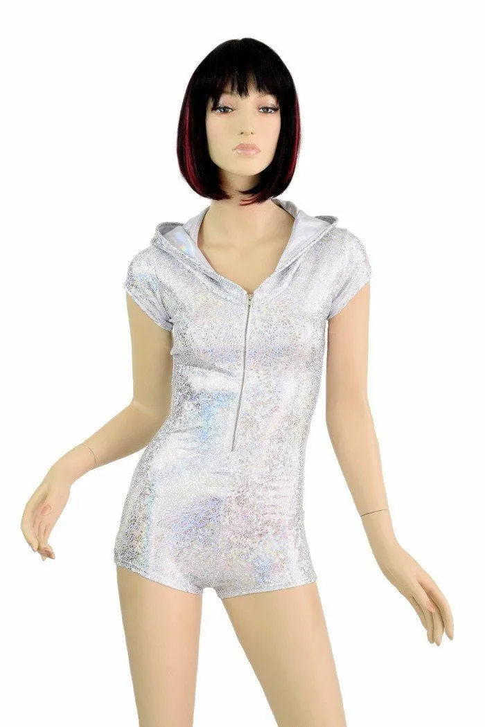 Silvery Zipper Front Hoodie Romper